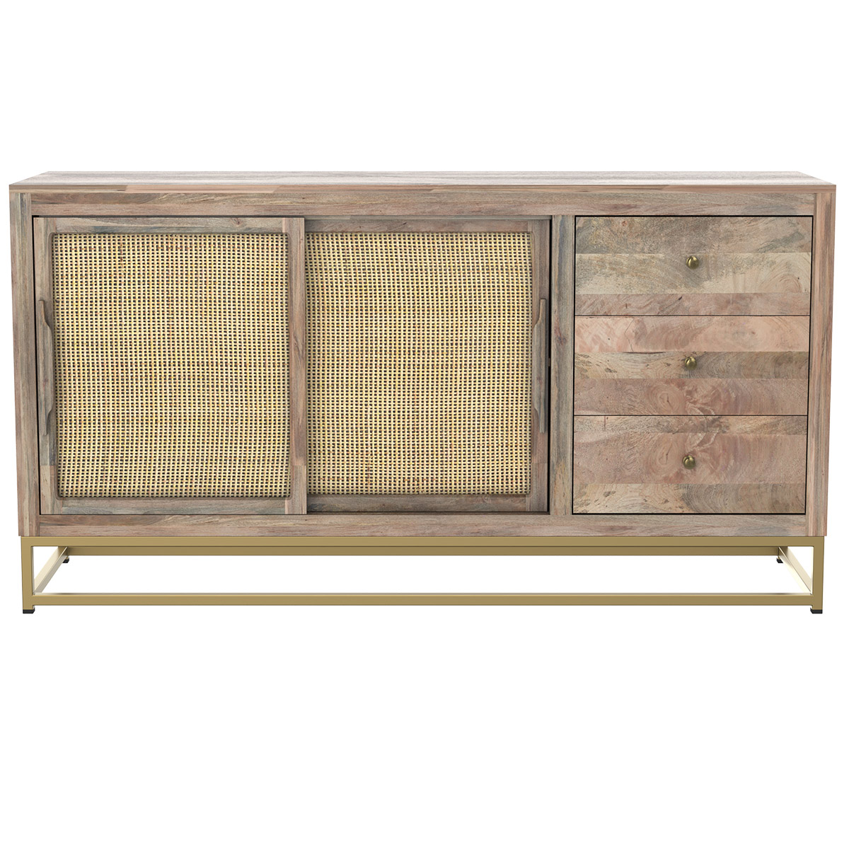 Buffet 2 portes coulissantes 3 tiroirs en bois et jute Buffet 2 portes coulissantes 3 tiroirs en bois et jute
