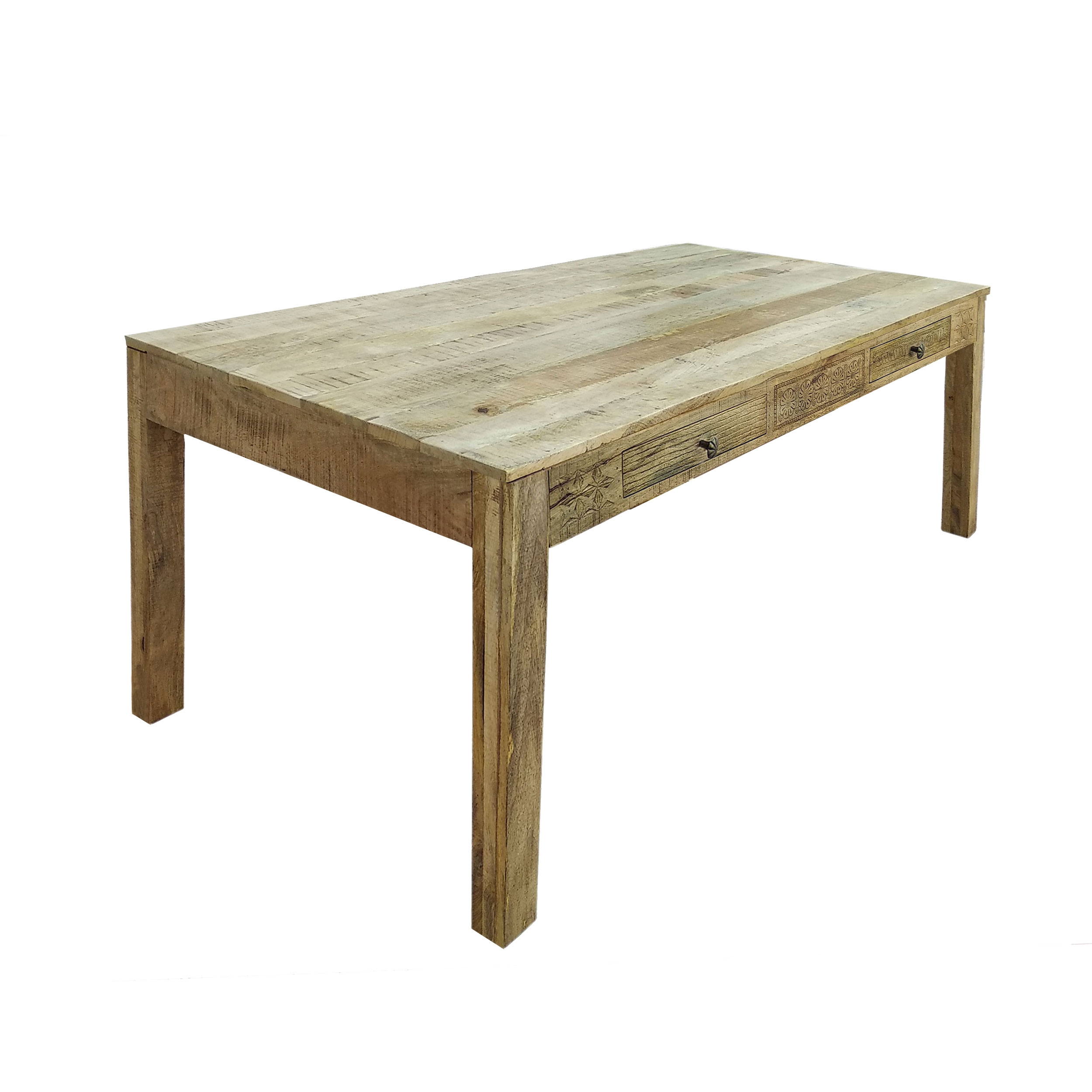 Table en bois 6 places à motifs gravés 160 cm Table en bois 6 places à motifs gravés 160 cm
