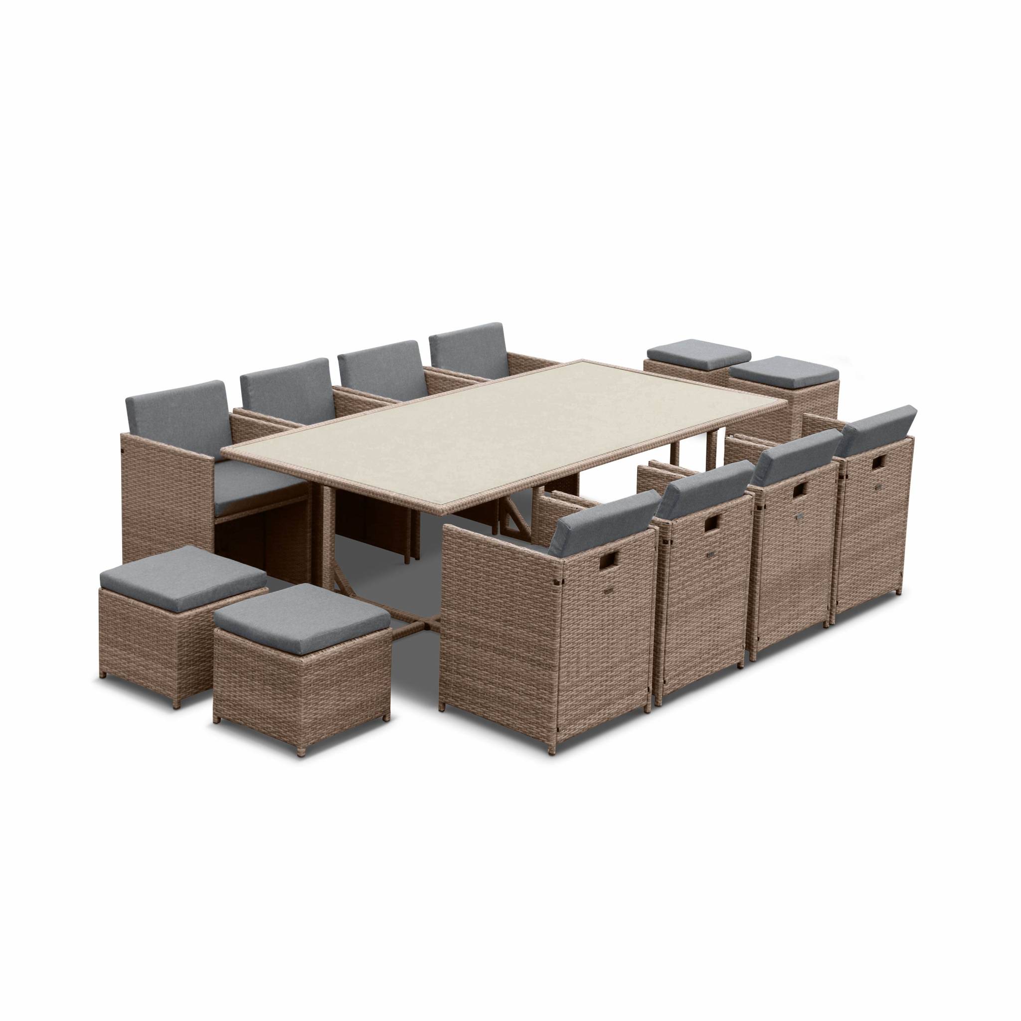 Salon de jardin 8-12 places beige coussins gris