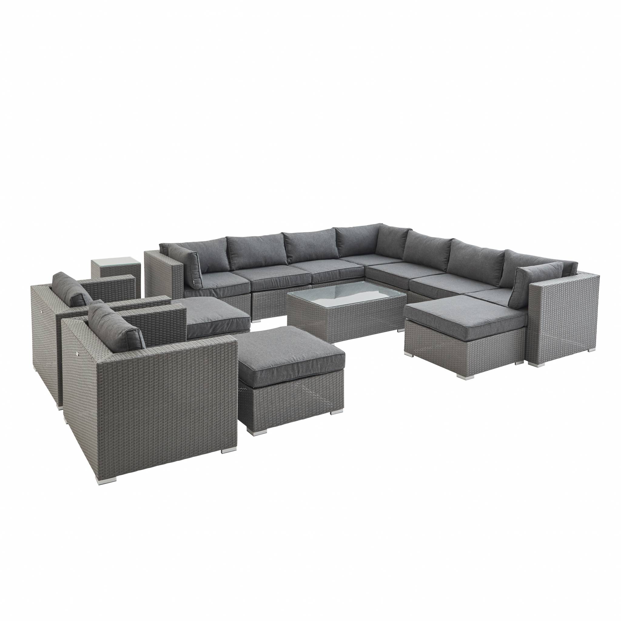Salon de jardin xxl en résine tressée gris avec coussins gris Salon de jardin xxl en résine tressée gris avec coussins gris