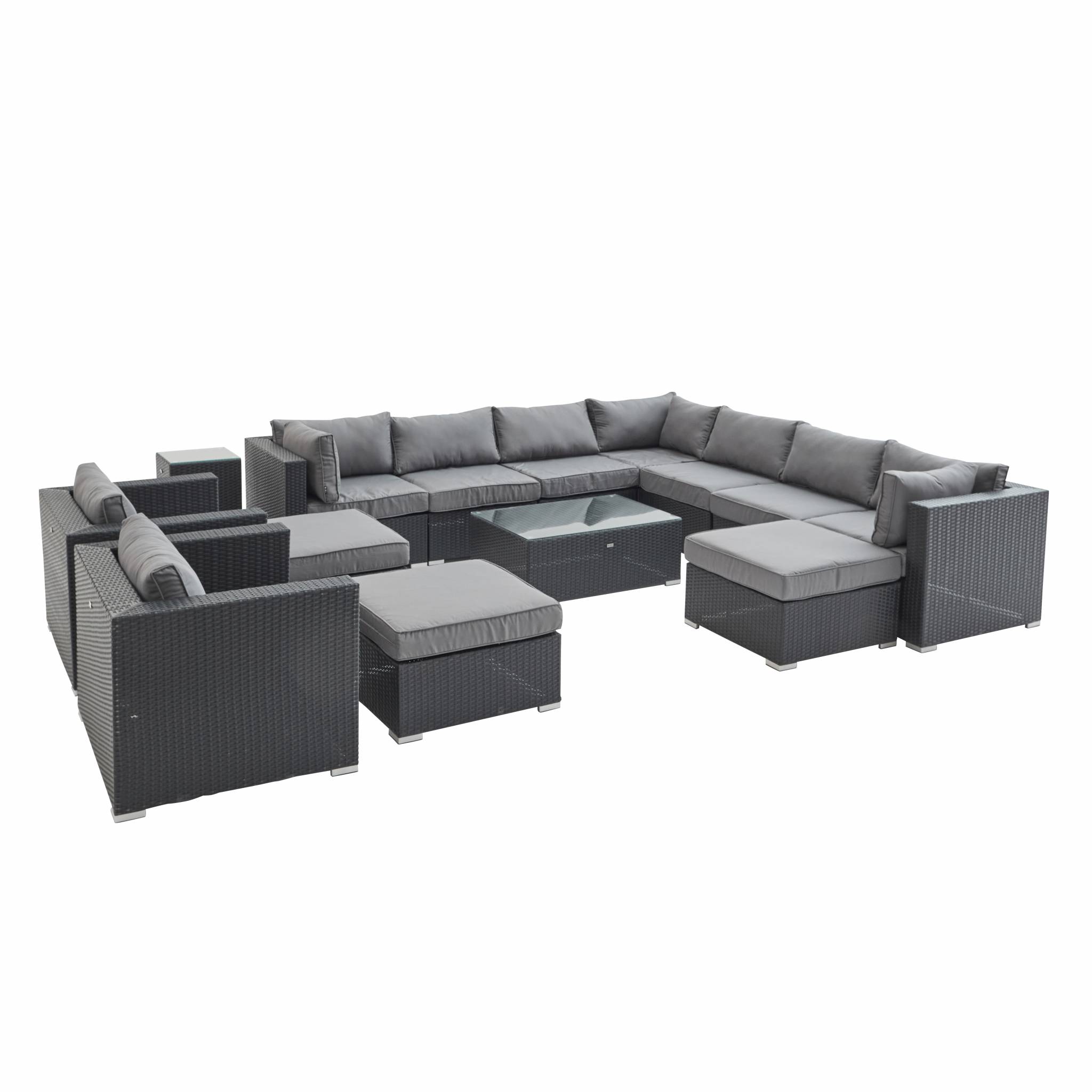 Salon de jardin xxl en résine tressée noir avec coussins gris Salon de jardin xxl en résine tressée noir avec coussins gris