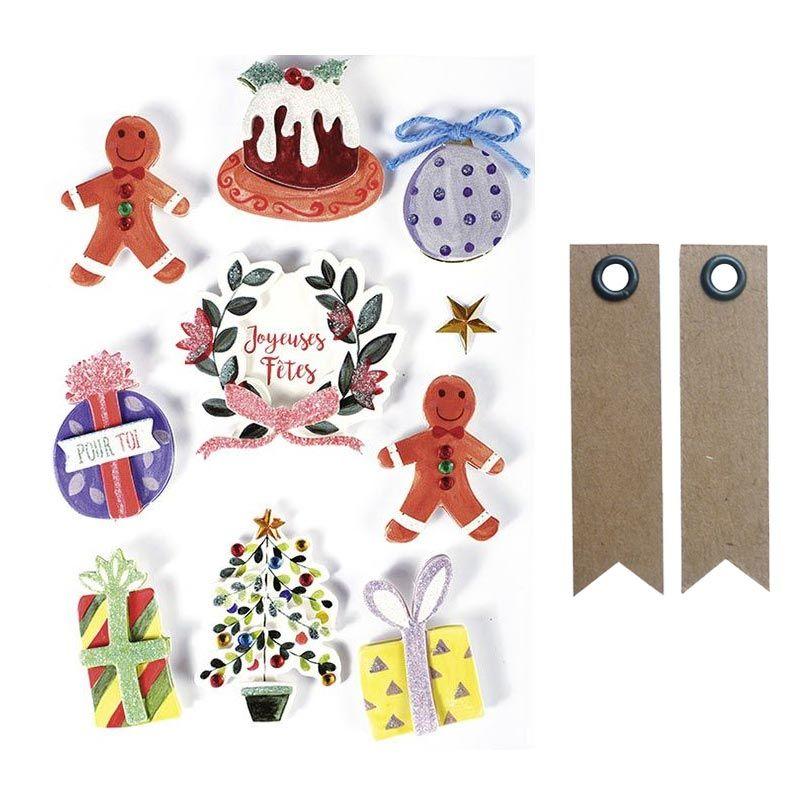 10 stickers 3D décorations de Noël 5cm + 20 étiquettes kraft