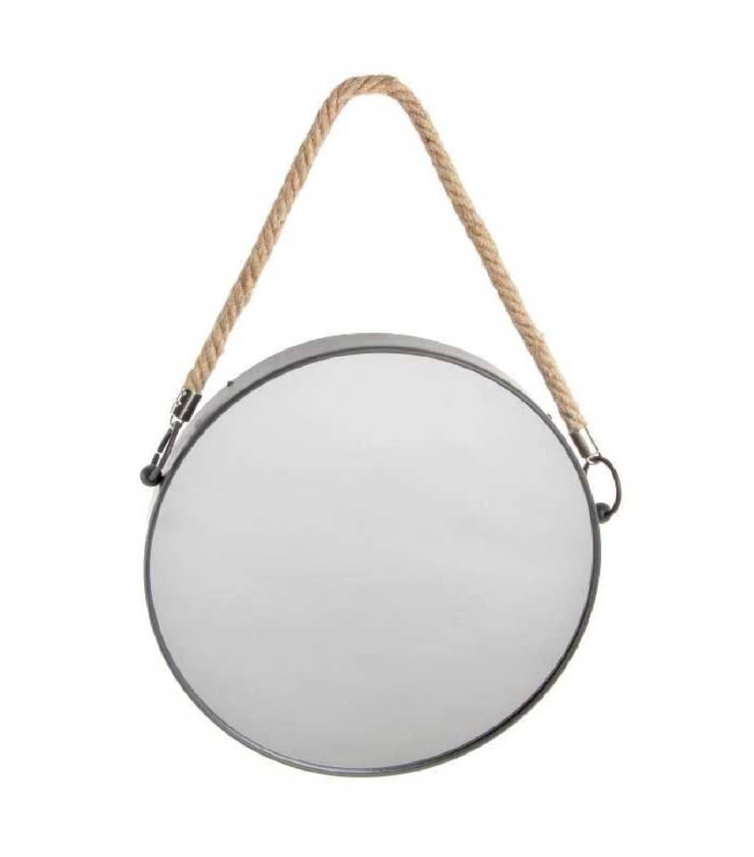 Miroir suspendu métal noir rond lanière corde D31cm