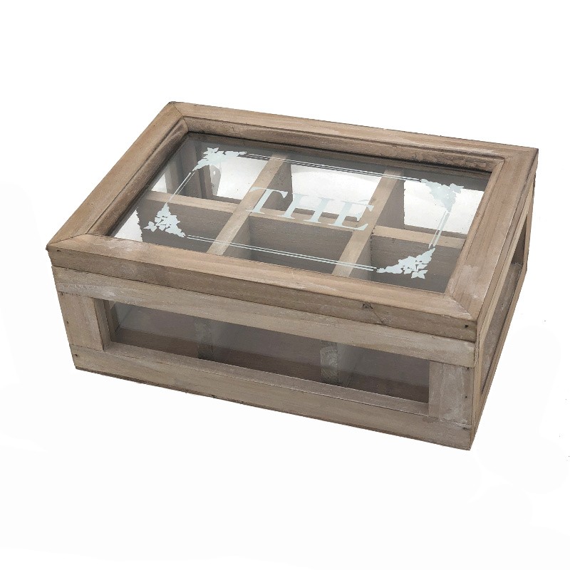 Boîte coffret de rangement à thé en bois vitrée 10x26