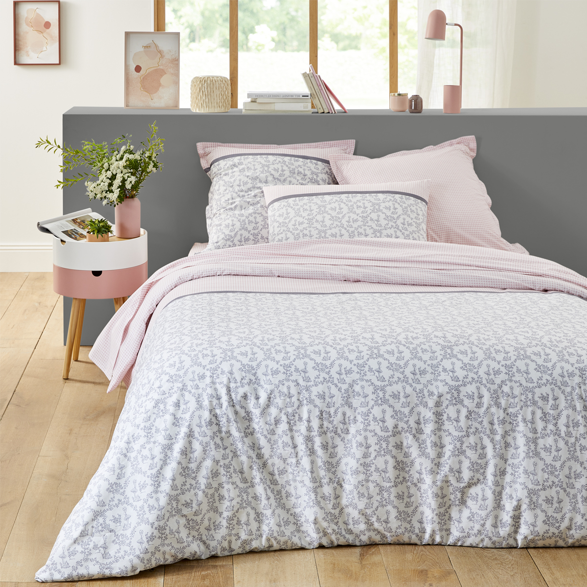Housse de couette en coton rose et gris 200x200 Housse de couette en coton rose et gris 200x200