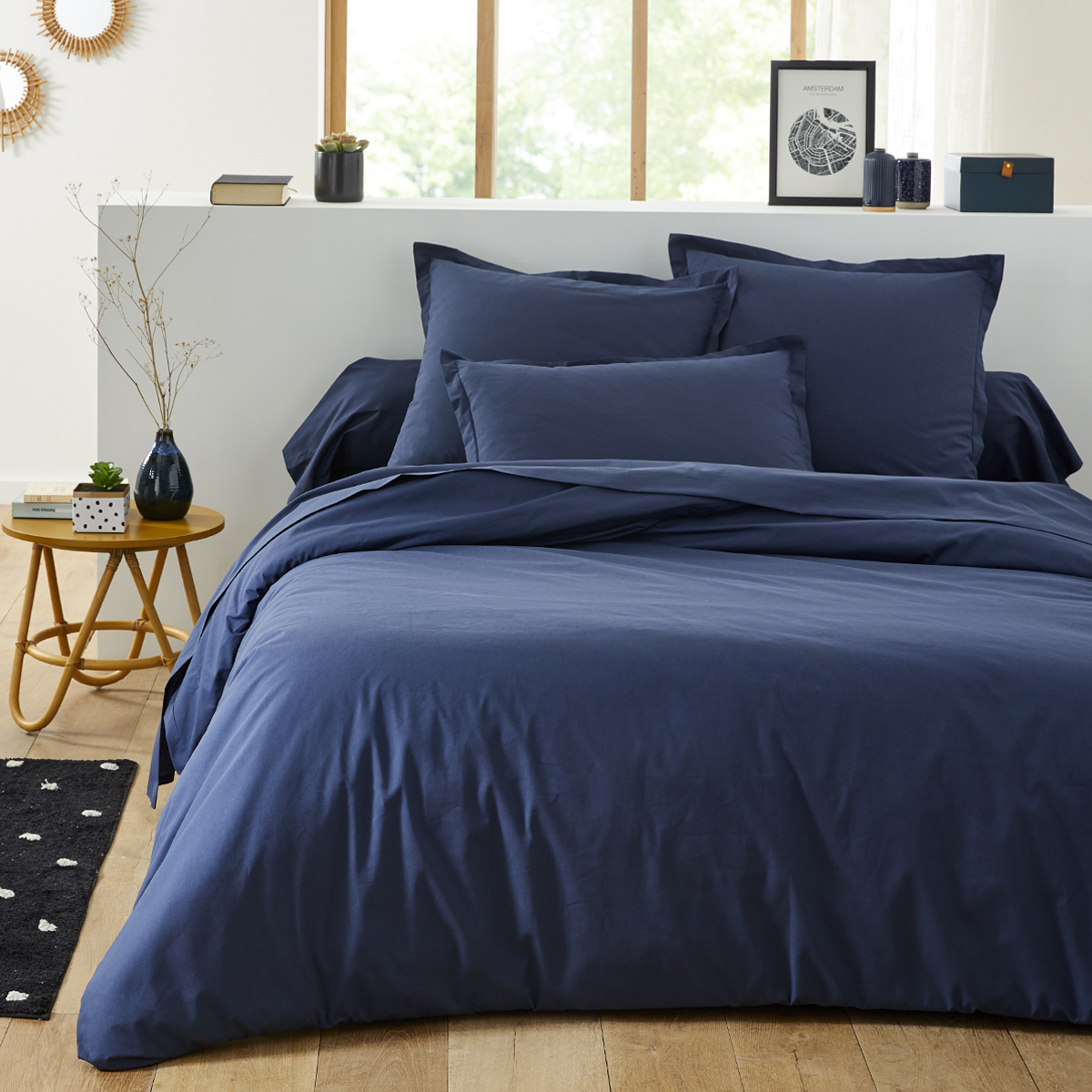 Housse de couette unie en coton bleu nuit 260x240 Housse de couette unie en coton bleu nuit 260x240