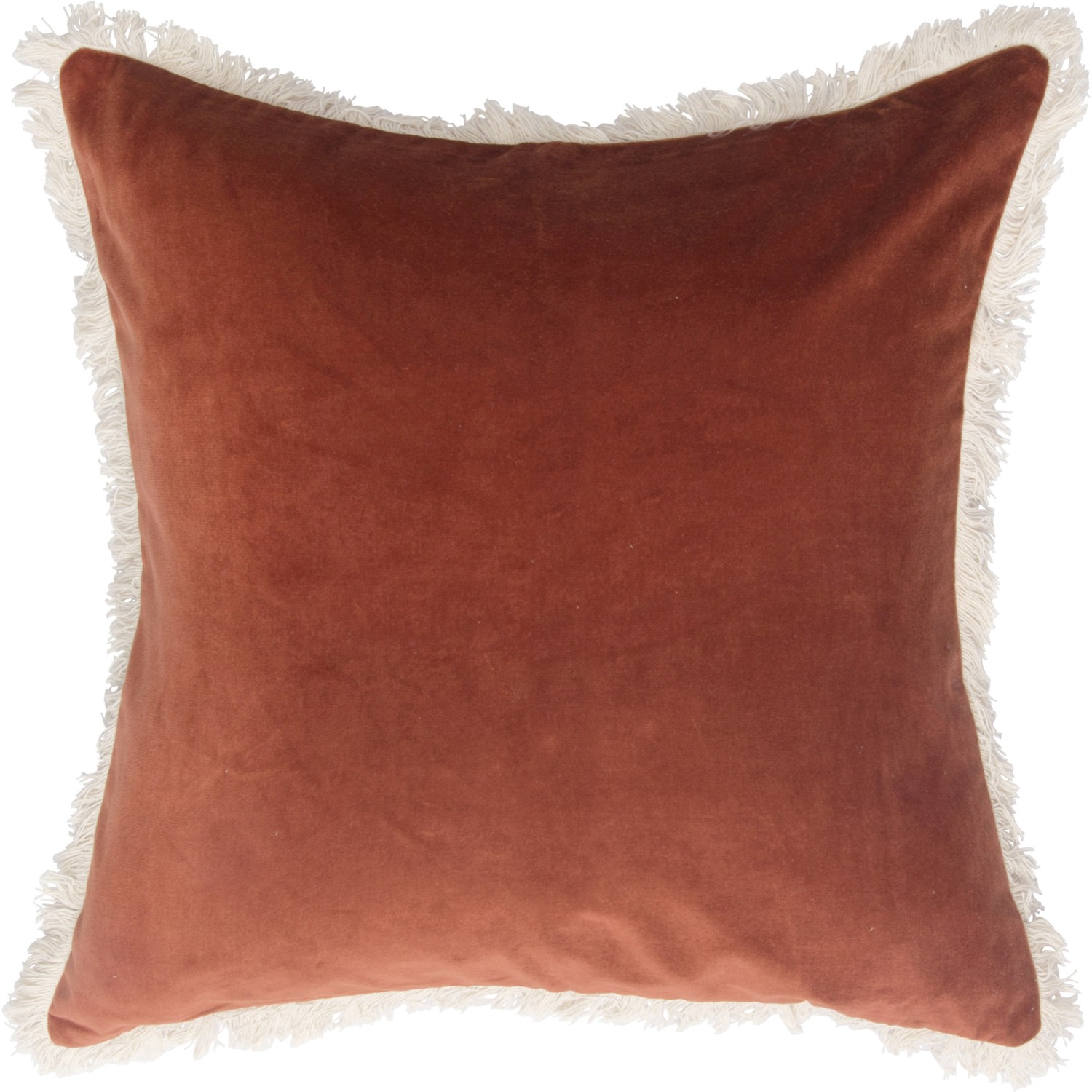 Housse de coussin en velours 50x50 Terracotta franges écru Housse de coussin en velours 50x50 Terracotta franges écru