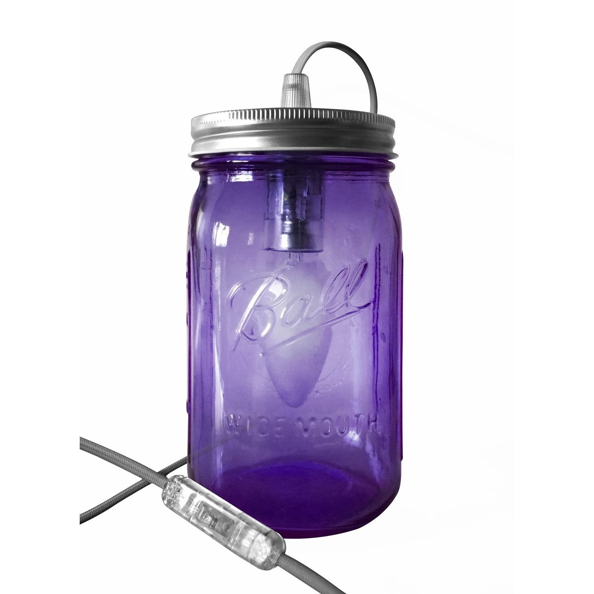 Lampe bocal en verre violet fil gris clair