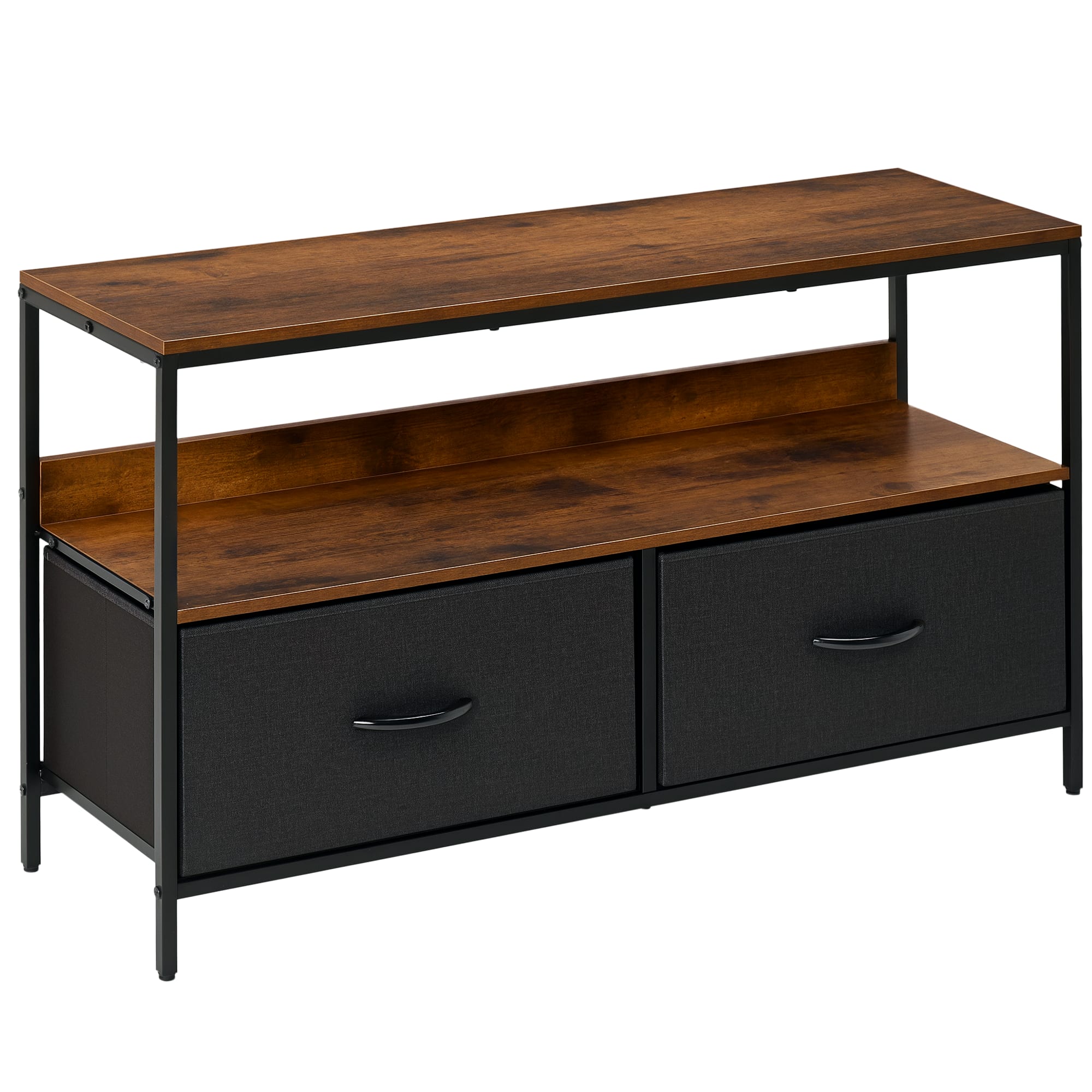 Meuble TV style industriel 2 tiroirs tissu gris métal noir aspect bois