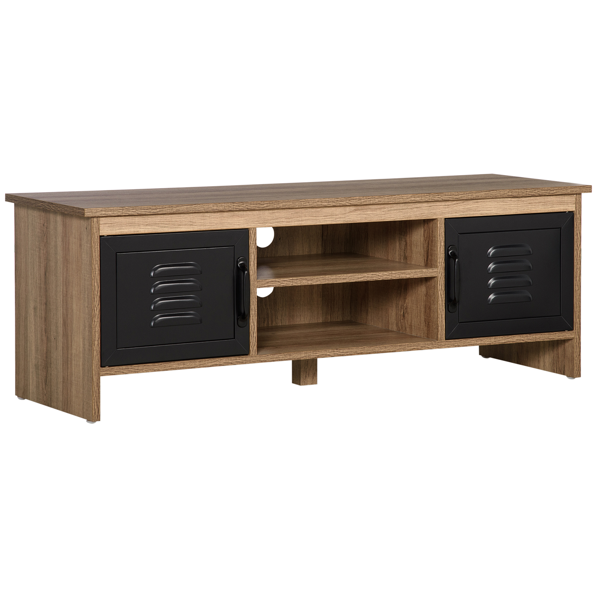 Meuble TV design industriel 2 placards 2 niches aspect bois métal noir Meuble TV design industriel 2 placards 2 niches aspect bois métal noir