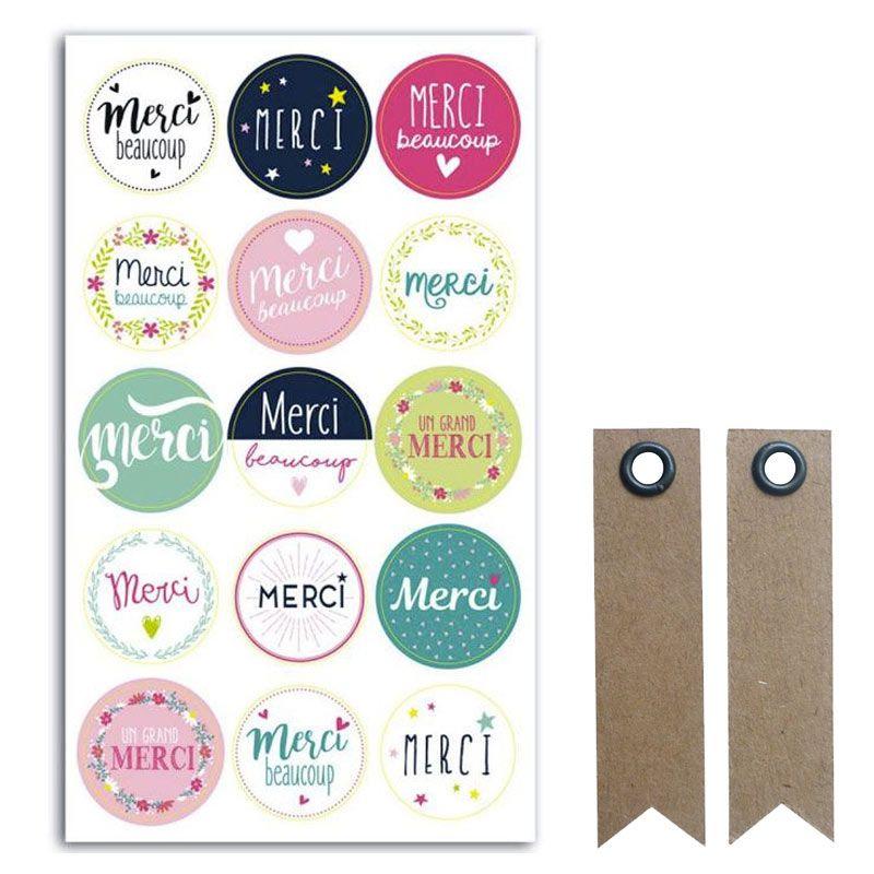 15 pastilles autocollantes cadeau Merci + 20 étiquettes kraft 15 pastilles autocollantes cadeau Merci + 20 étiquettes kraft