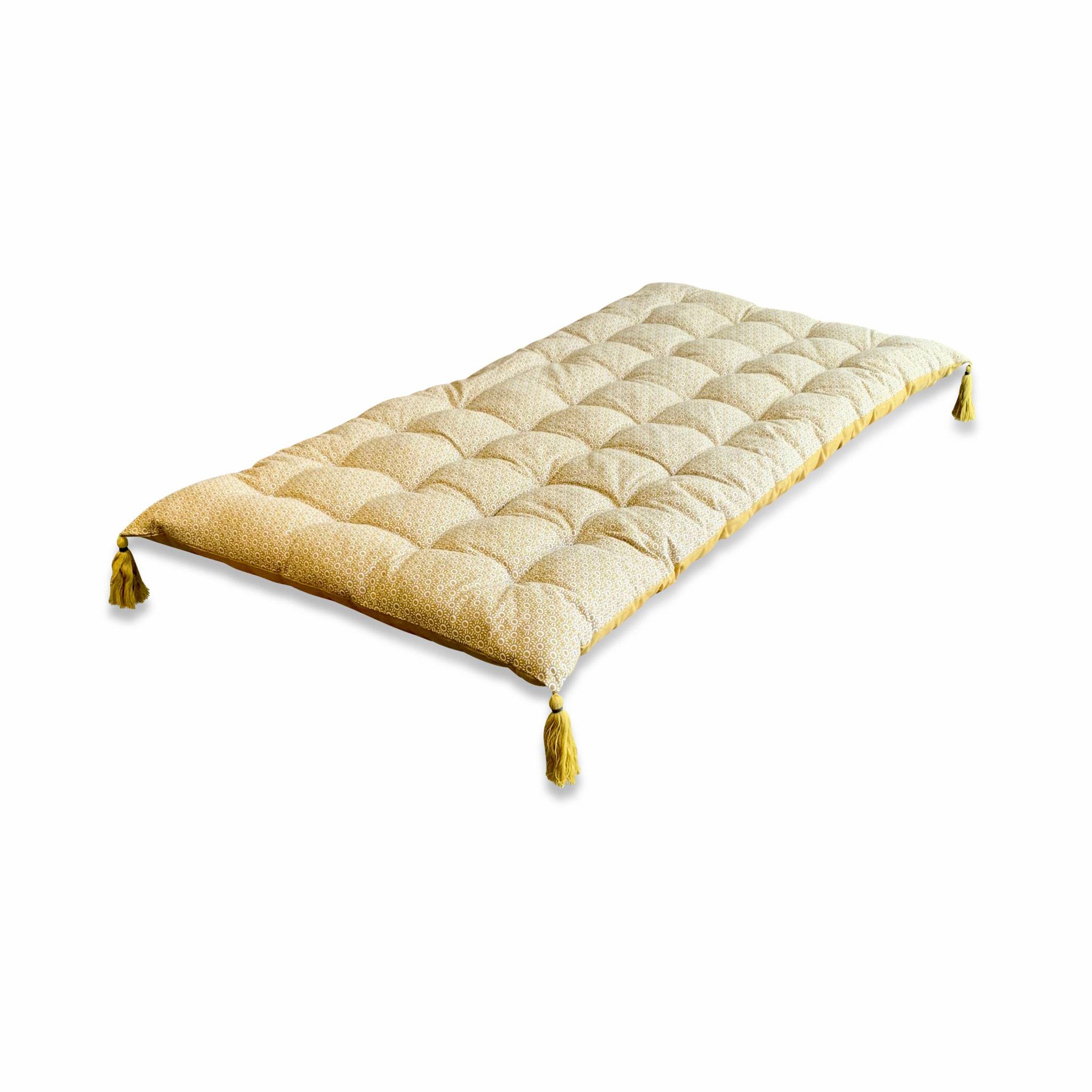 Matelas de sol, réversible, coton, pompons, 120x60cm, moutarde, Matelas de sol, réversible, coton, pompons, 120x60cm, moutarde,