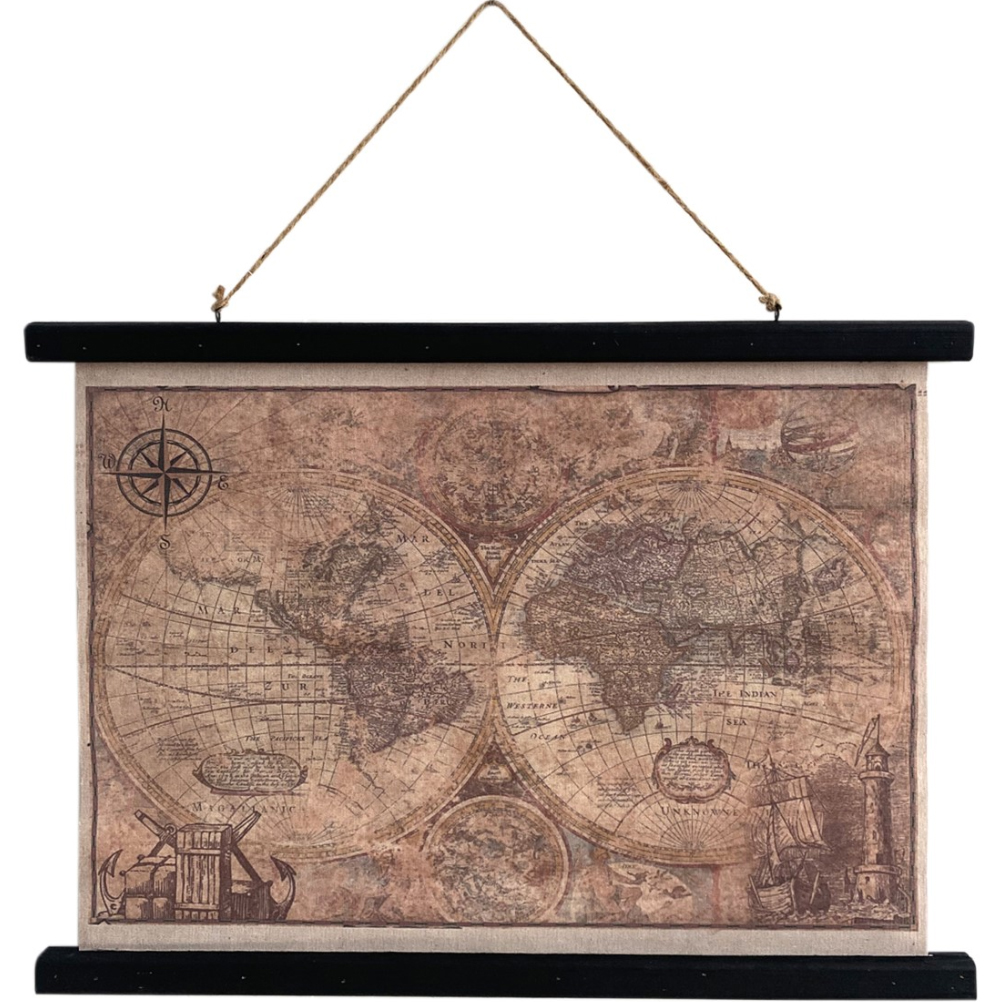 Toile déco carte du monde vintage à suspendre 60x43cm