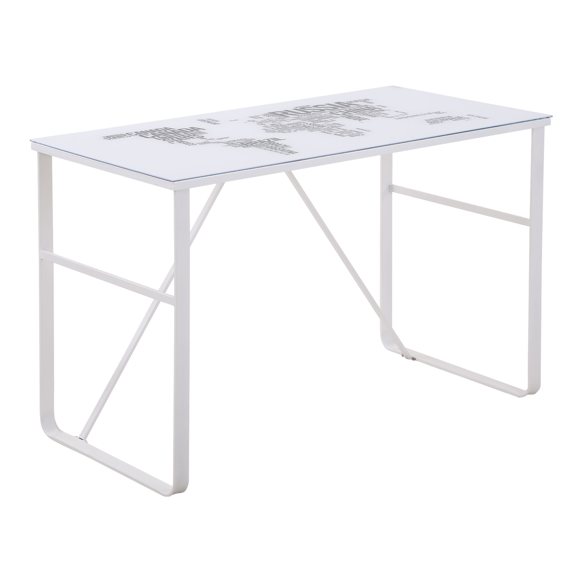 Bureau contemporain plateau verre trempé décor mappemonde lettres Bureau contemporain plateau verre trempé décor mappemonde lettres