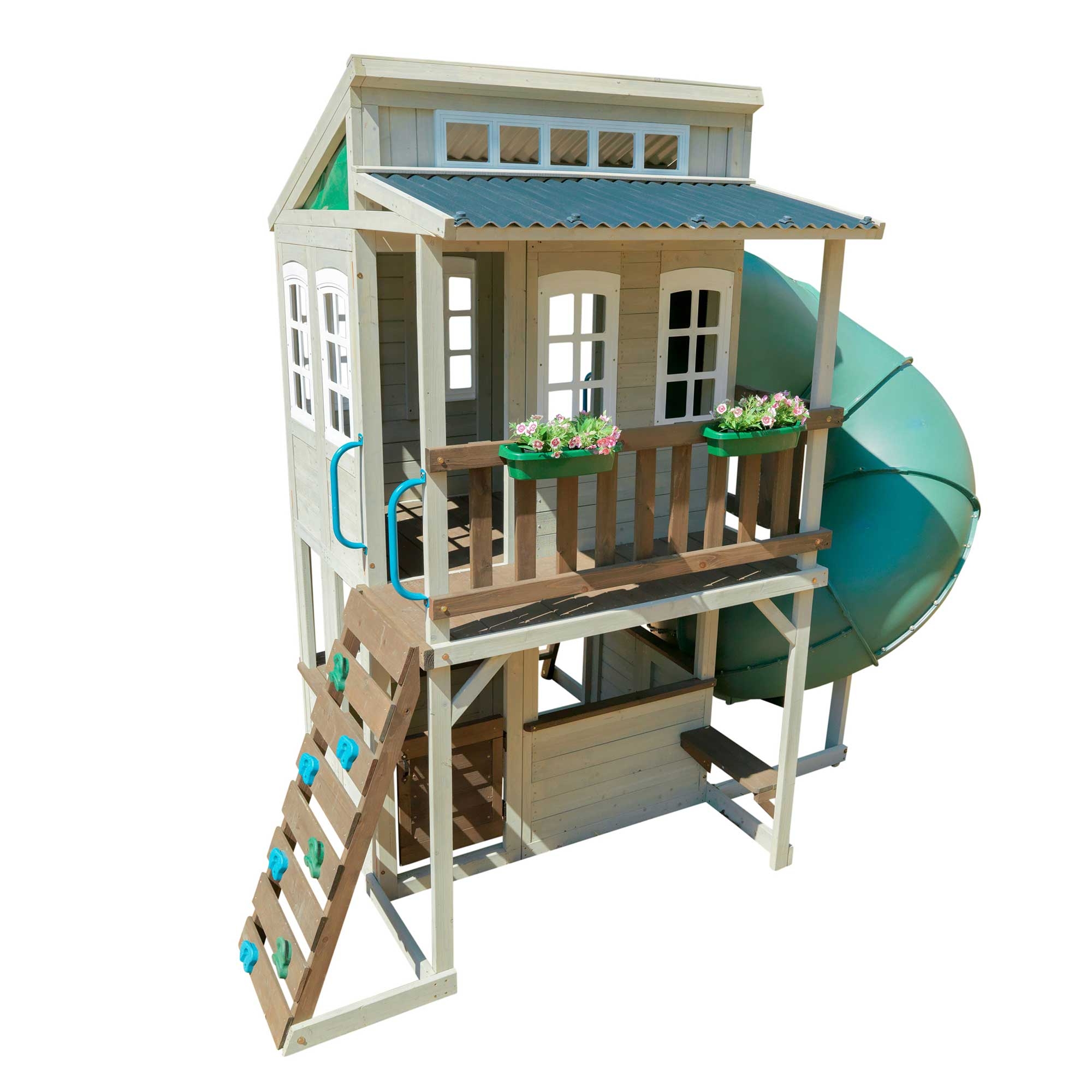 Maisonnette en bois blanc avec toboggan tubulaire vert Maisonnette en bois blanc avec toboggan tubulaire vert