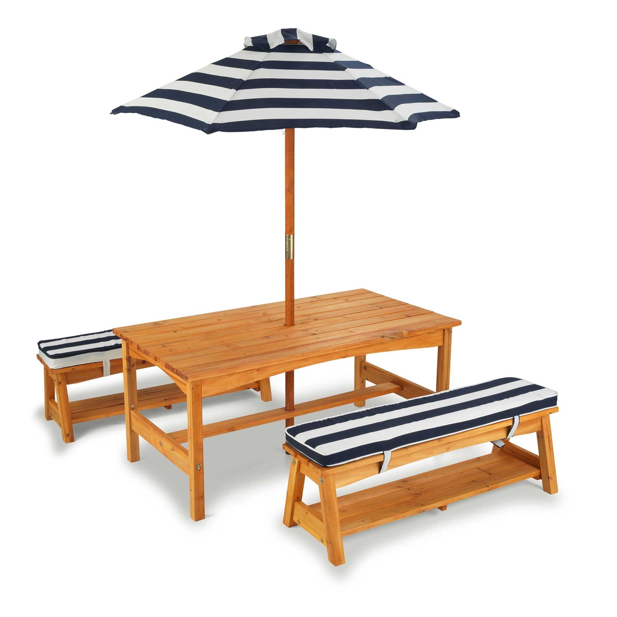 Table et bancs de jardin enfants avec coussins bleu blanc et parasol Table et bancs de jardin enfants avec coussins bleu blanc et parasol