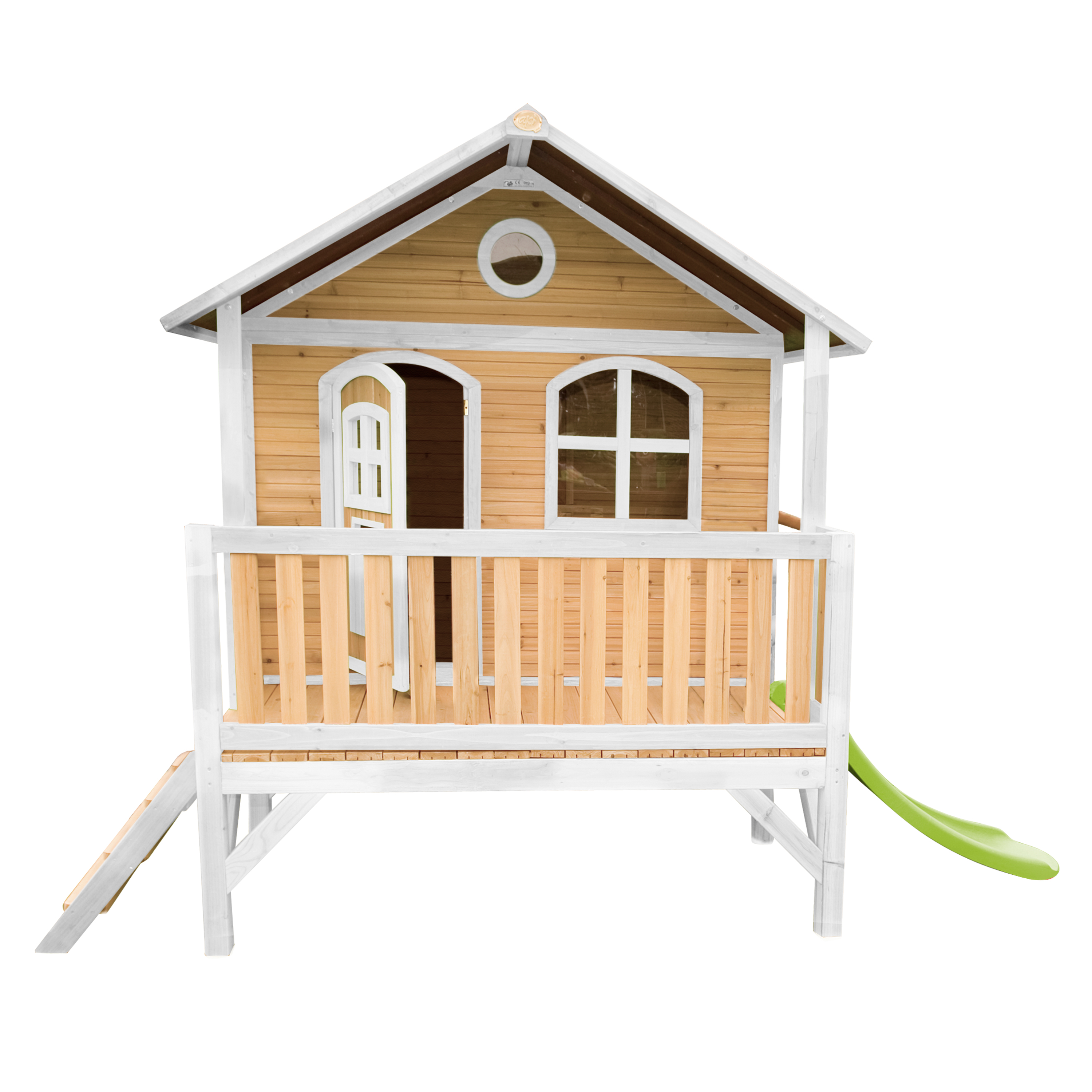 Maisonnette sur pilotis en bois brun et blanc avec toboggan vert Maisonnette sur pilotis en bois brun et blanc avec toboggan vert