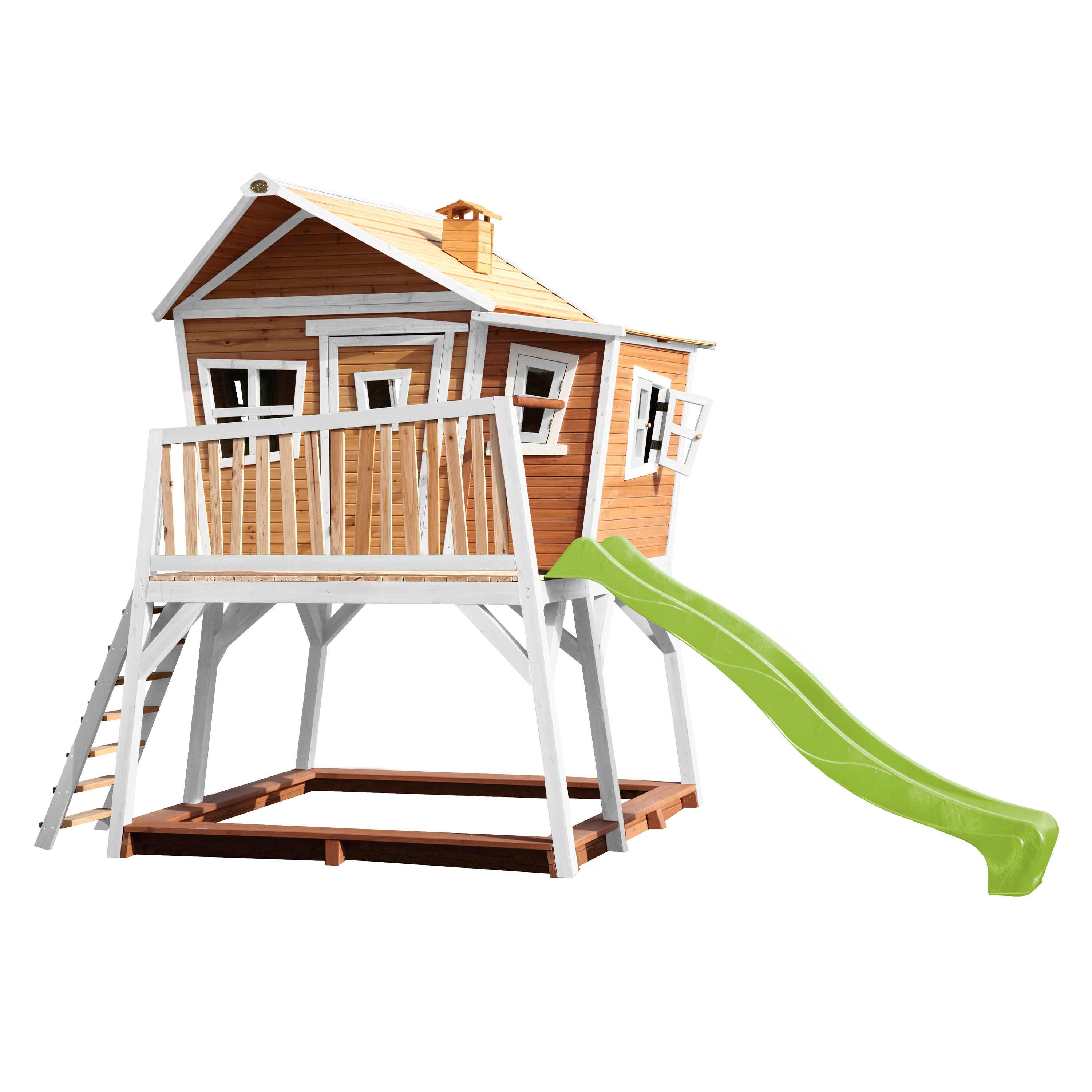Cabane en bois brun et blanc et toboggan vert citron Cabane en bois brun et blanc et toboggan vert citron