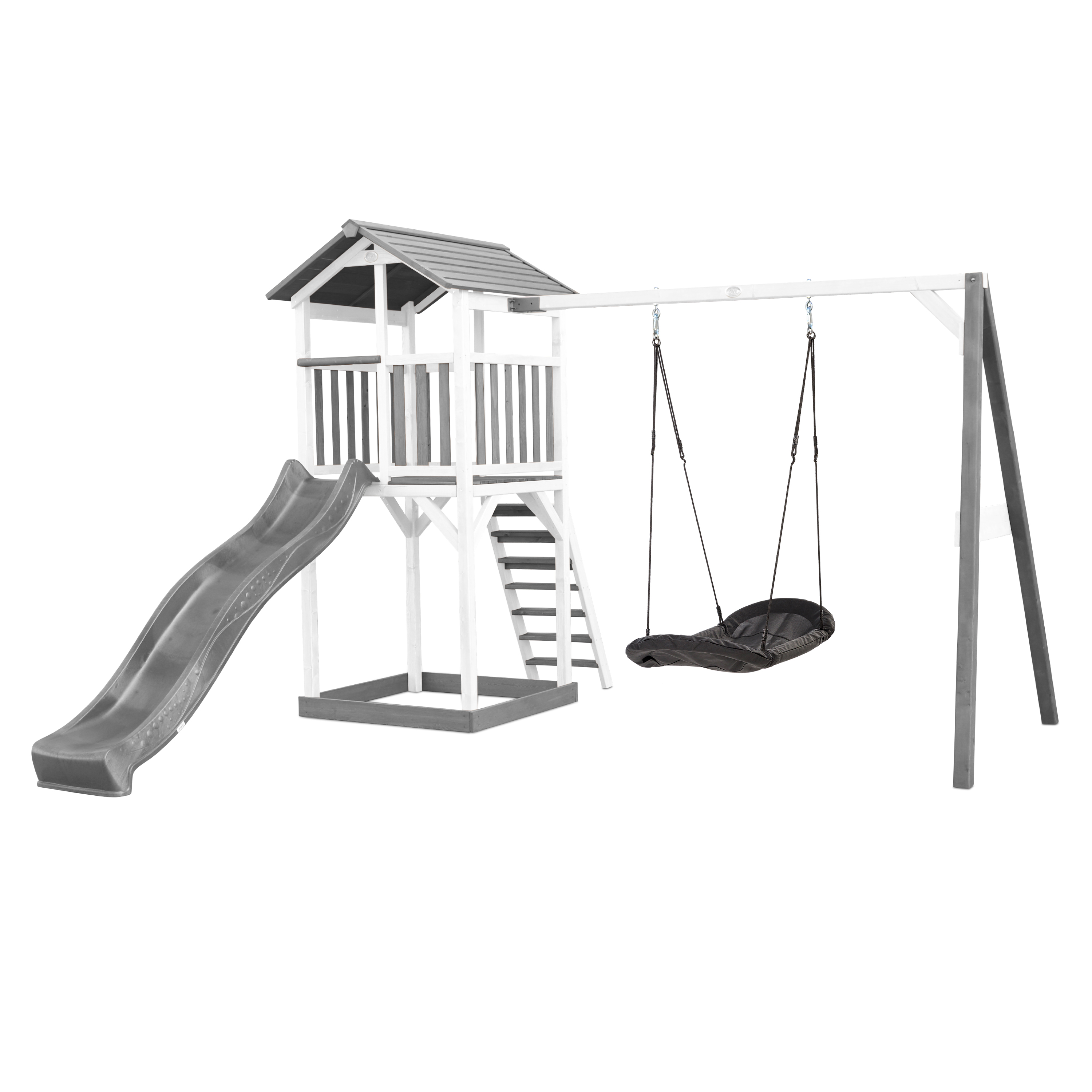 Aire de jeu en bois blanc et 1 balançoire nid ovale et toboggan gris Aire de jeu en bois blanc et 1 balançoire nid ovale et toboggan gris