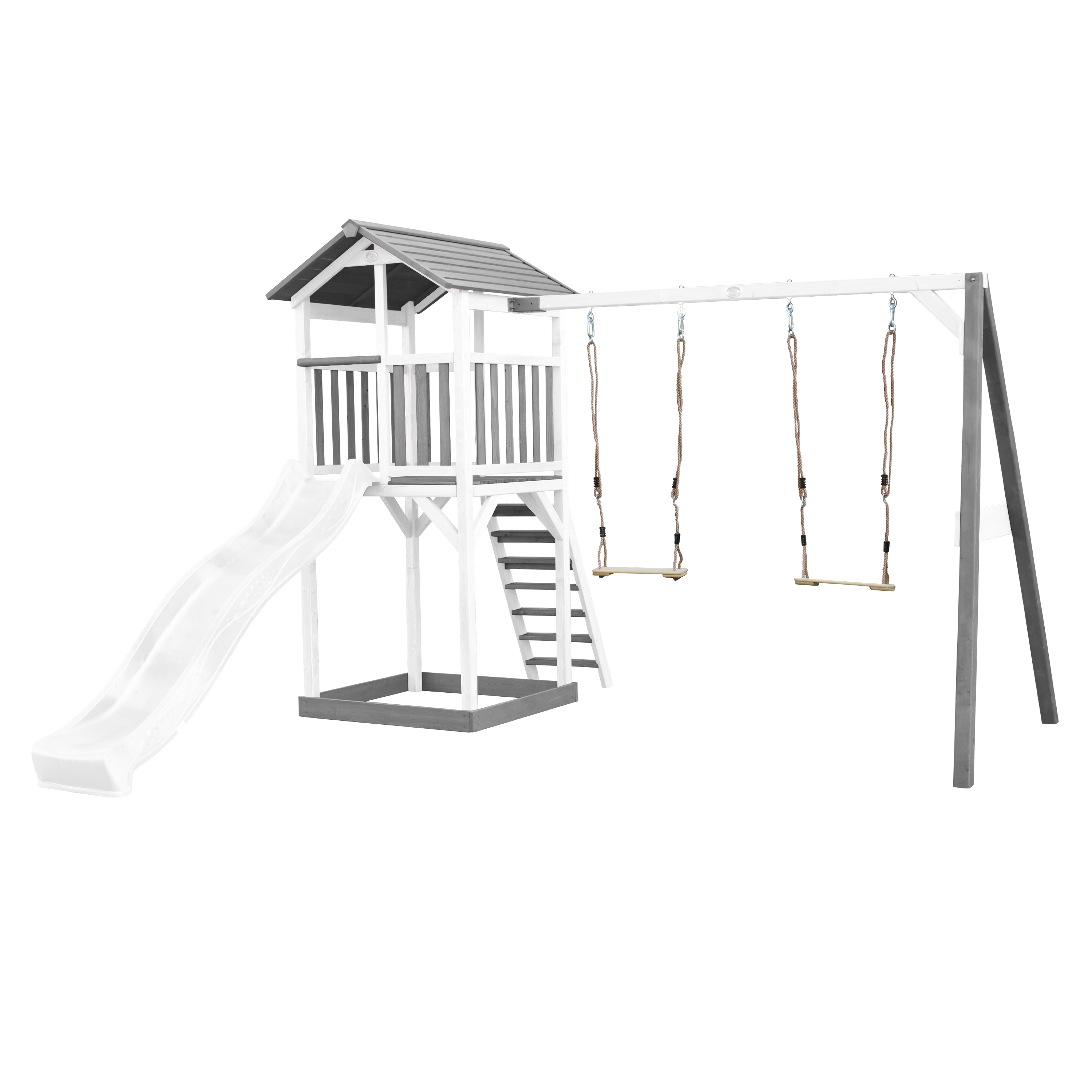 Aire de jeux en bois blanc avec 2 balançoires et toboggan blanc Aire de jeux en bois blanc avec 2 balançoires et toboggan blanc