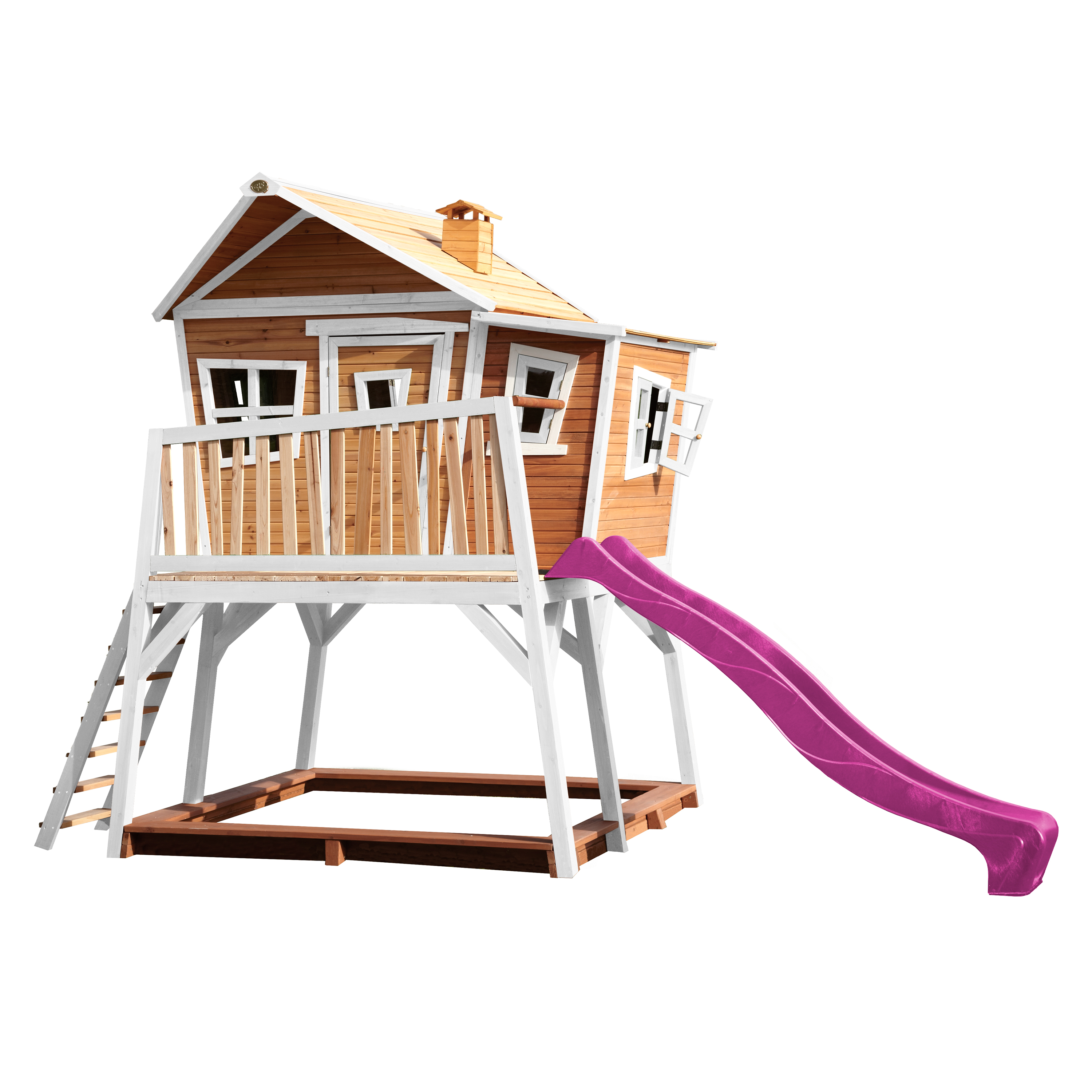 Cabane en bois brun et blanc et toboggan violet Cabane en bois brun et blanc et toboggan violet