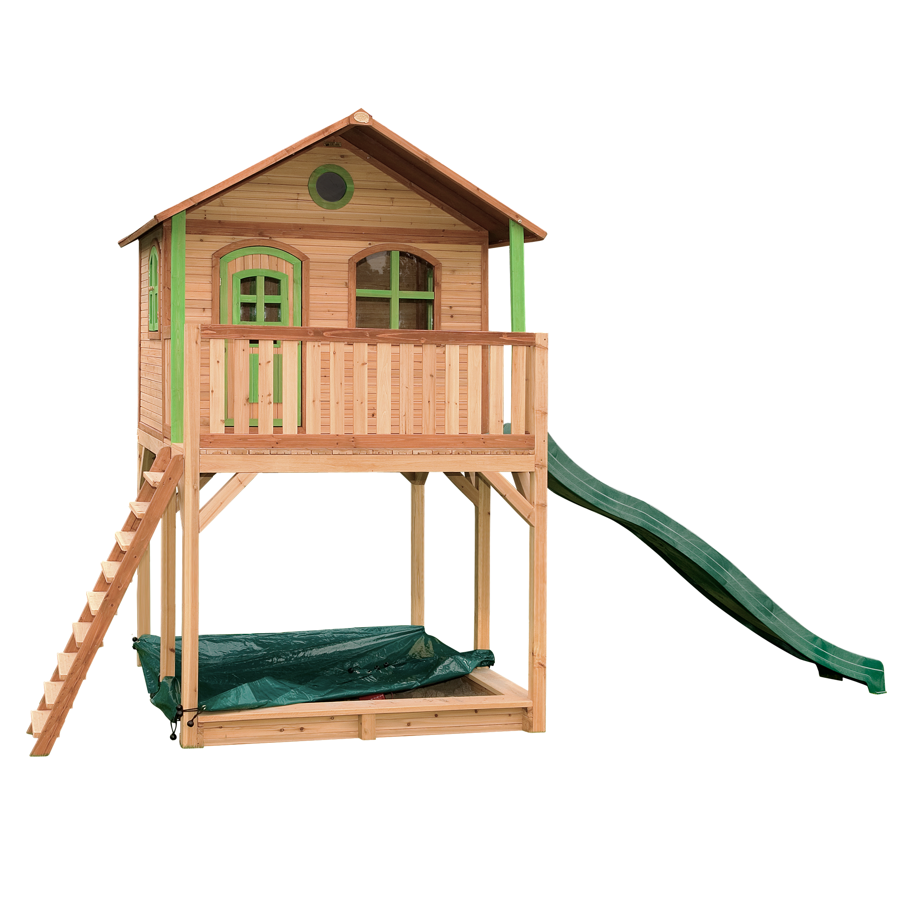 Maisonnette brun et vert avec toboggan vert Maisonnette brun et vert avec toboggan vert