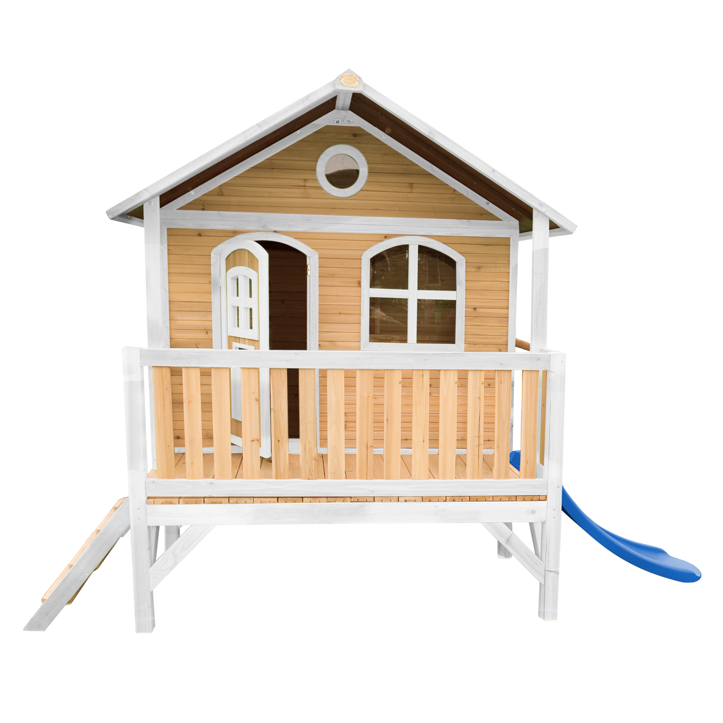 Maisonnette sur pilotis en bois brun et blanc avec toboggan bleu Maisonnette sur pilotis en bois brun et blanc avec toboggan bleu