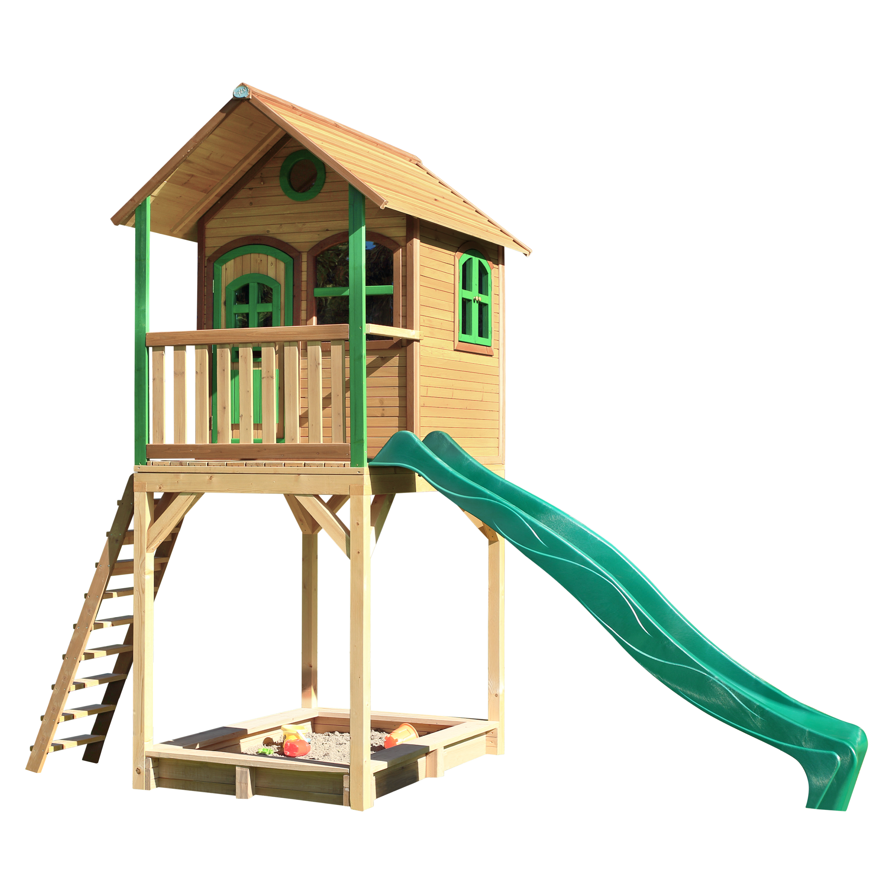 Maisonnette en bois brun et vert avec toboggan vert Maisonnette en bois brun et vert avec toboggan vert