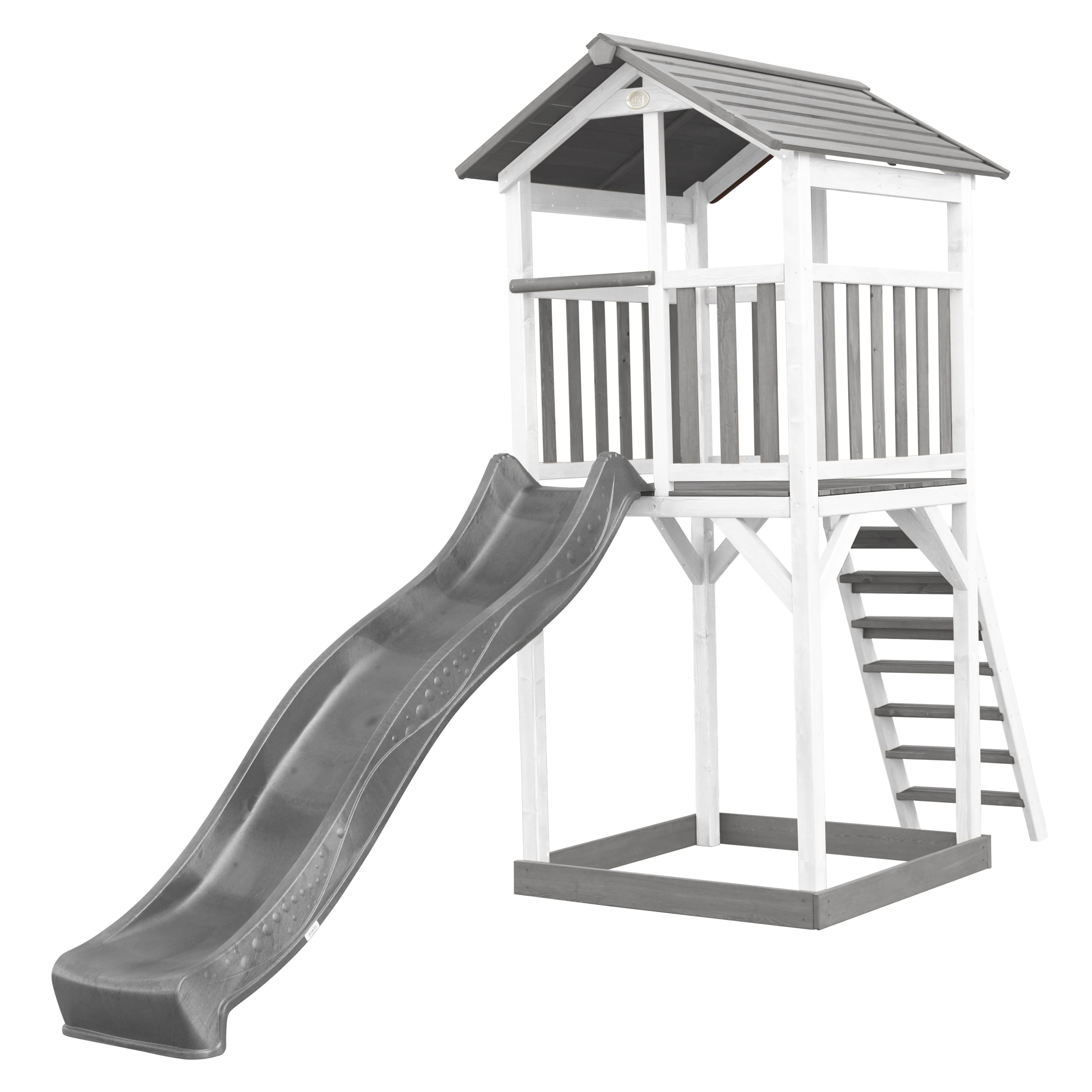 Tour de jeu en bois avec toboggan gris Tour de jeu en bois avec toboggan gris