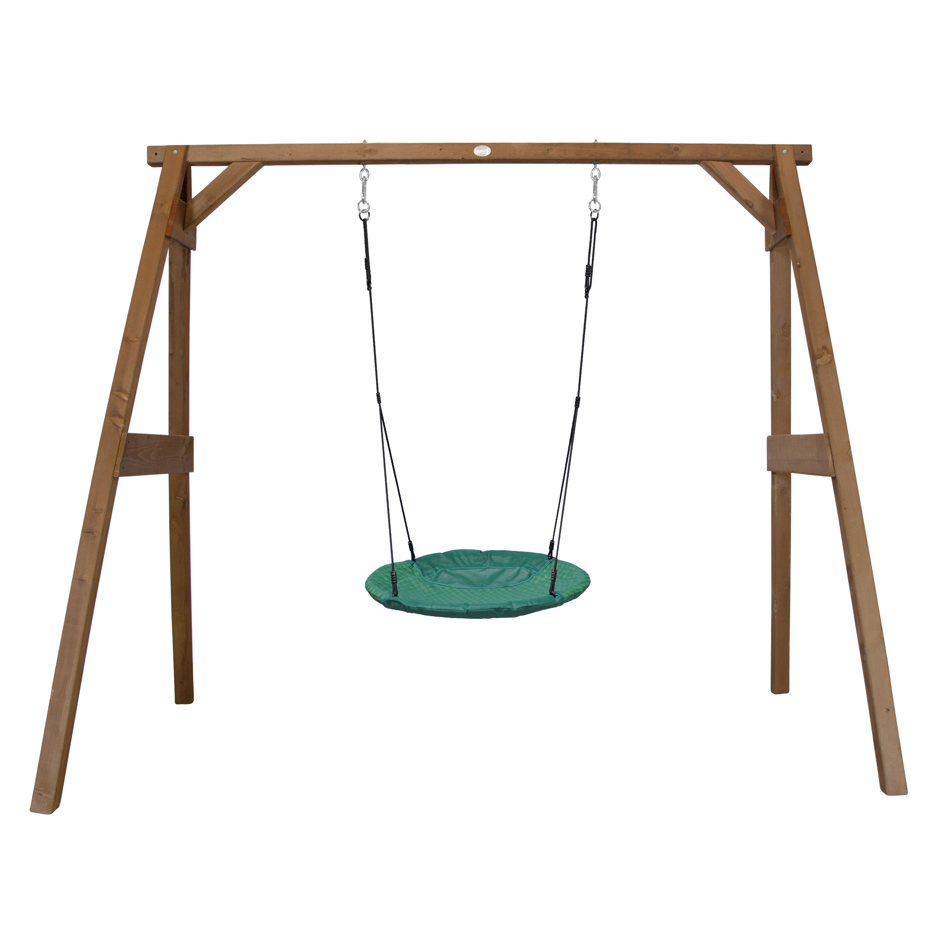 Portique en bois marron avec balançoire siège nid rond Portique en bois marron avec balançoire siège nid rond