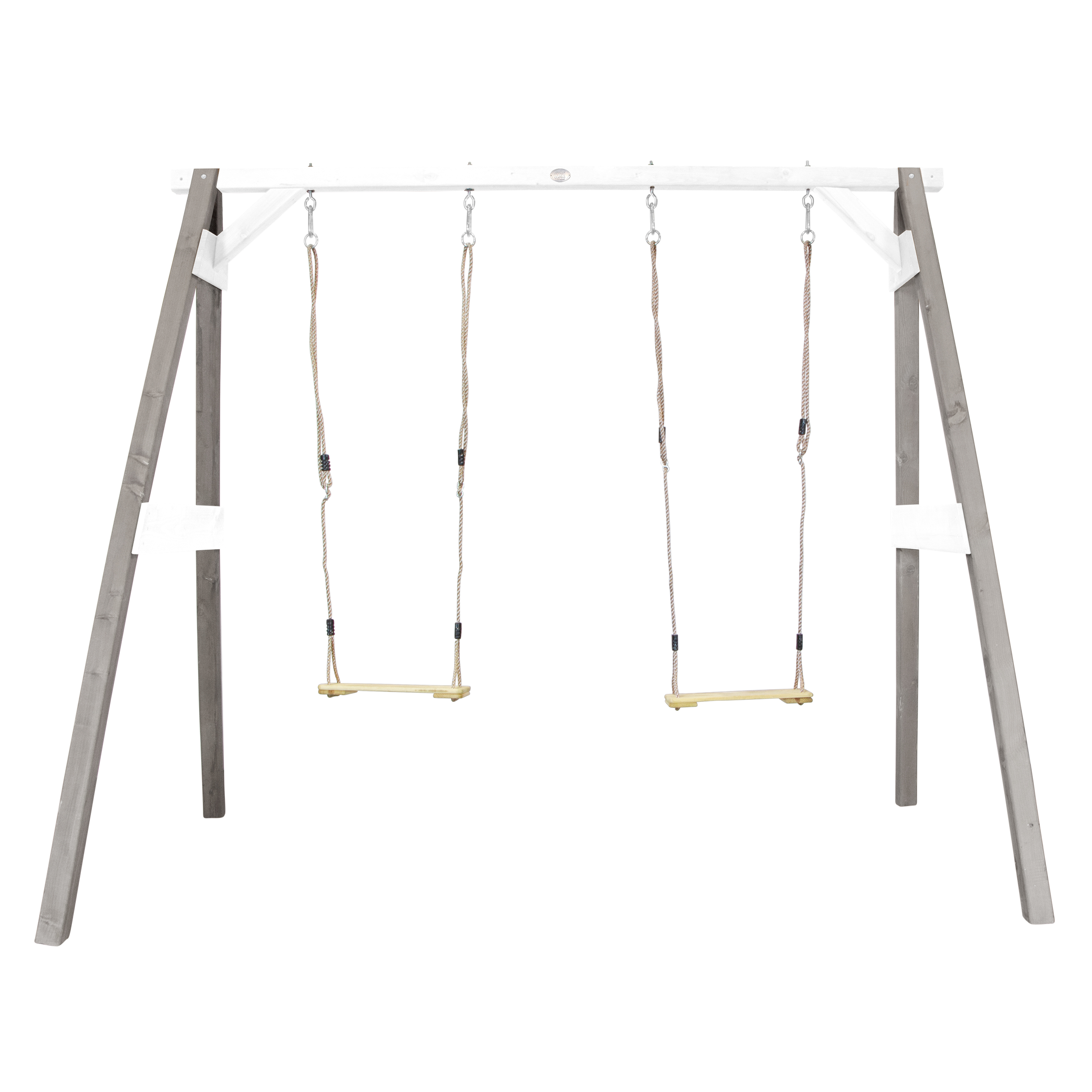 Portique double 2 balançoires en bois gris et blanc Portique double 2 balançoires en bois gris et blanc