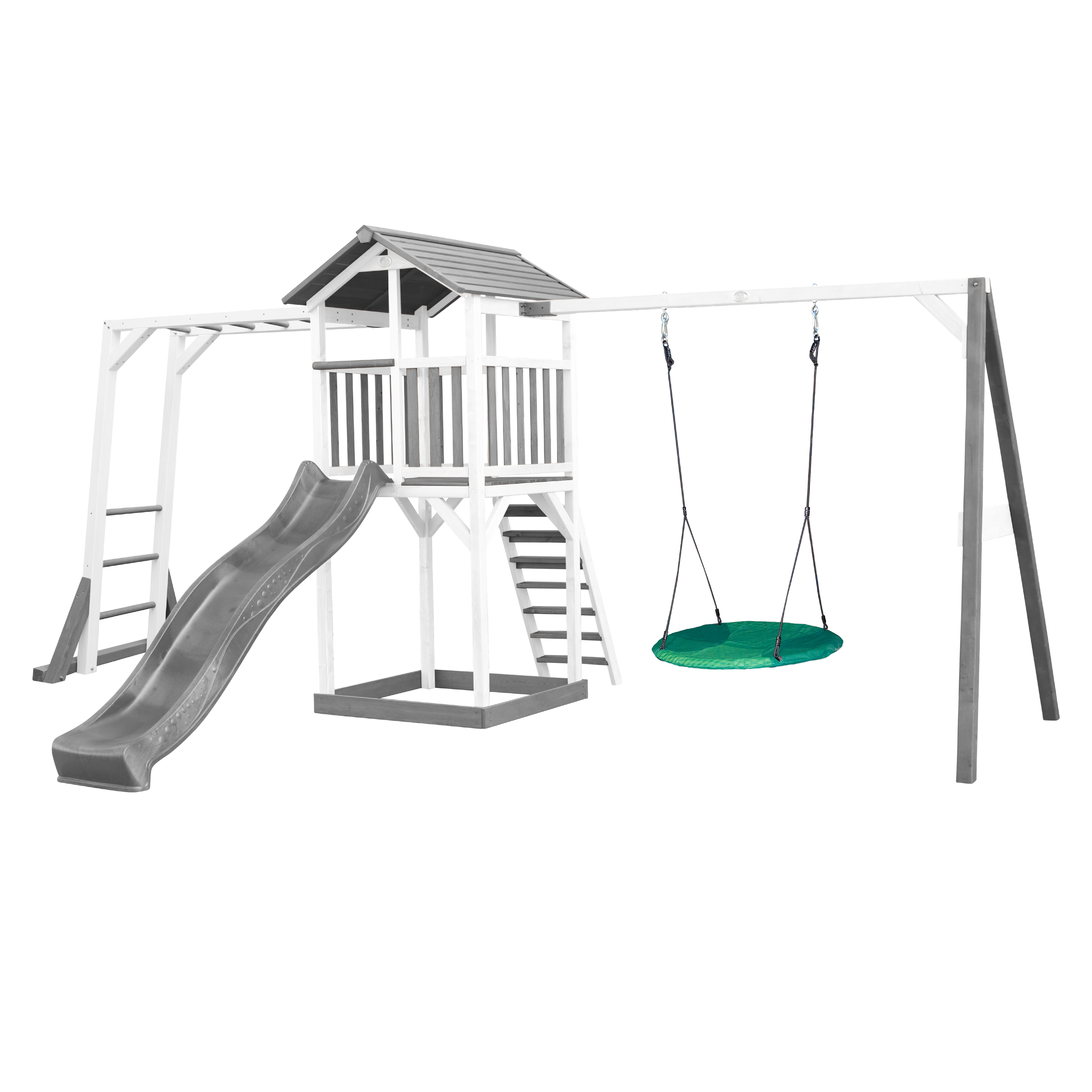 Aire de jeux en bois échelle de singe 1 balançoire nid toboggan gris Aire de jeux en bois échelle de singe 1 balançoire nid toboggan gris