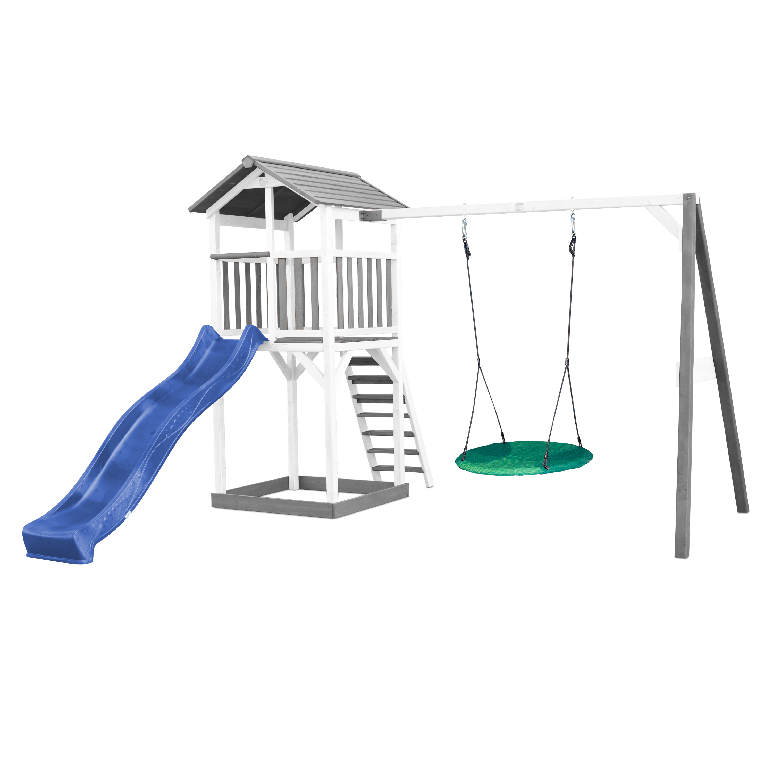 Aire de jeux en bois blanc 1 balançoire nid rond et toboggan bleu Aire de jeux en bois blanc 1 balançoire nid rond et toboggan bleu