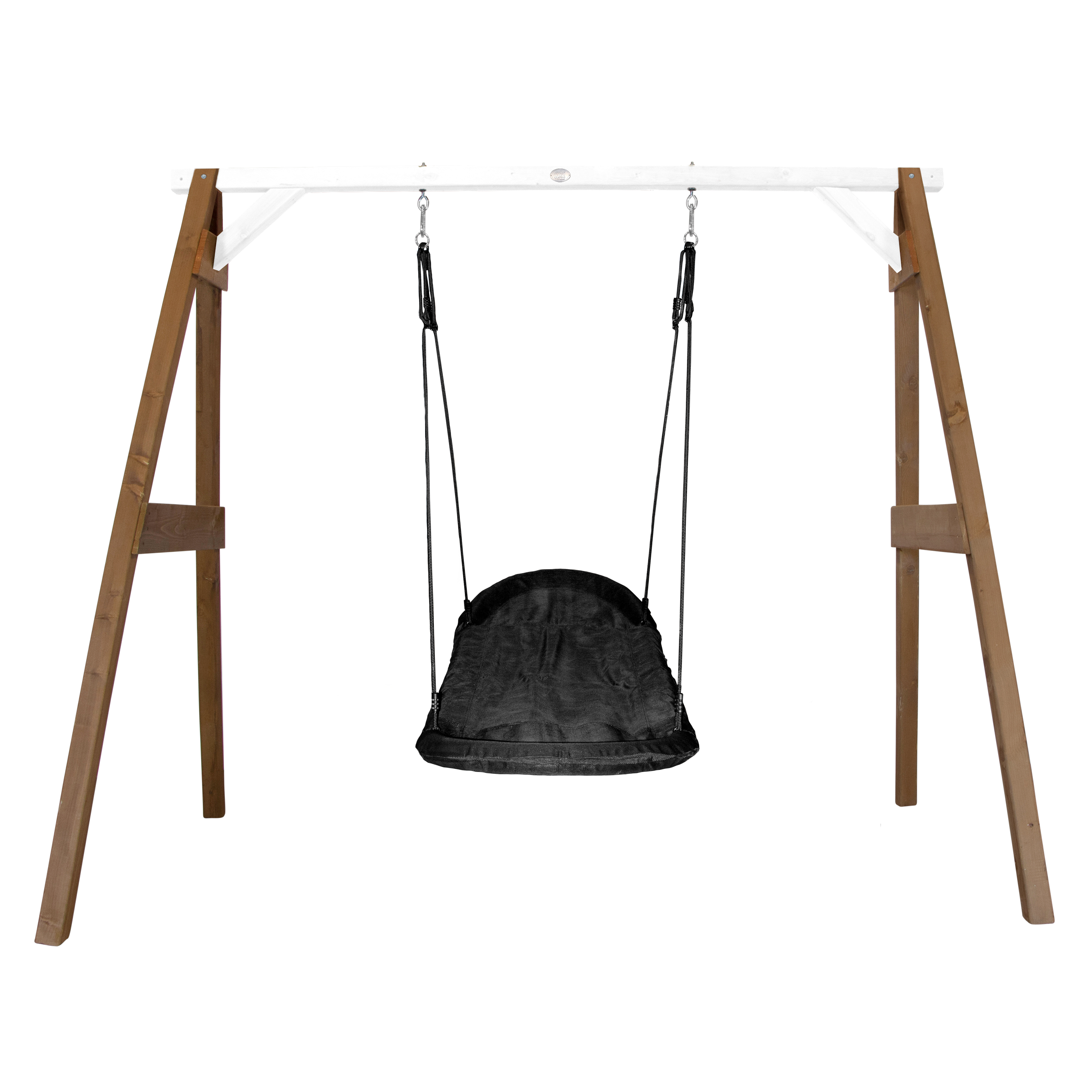 Portique en bois marron et blanc avec balançoire siège nid ovale Portique en bois marron et blanc avec balançoire siège nid ovale
