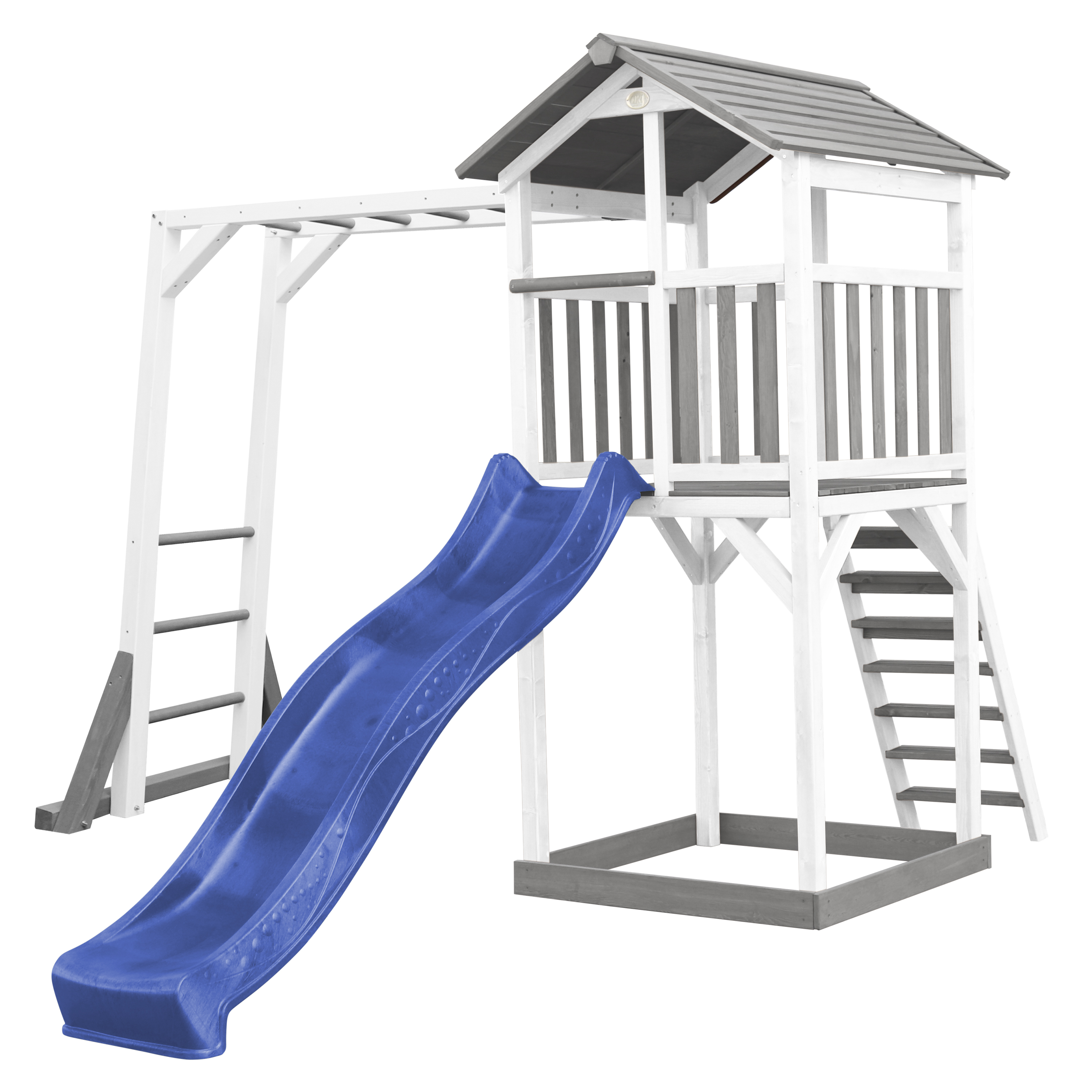 Aire de jeux en bois blanc avec échelle de singe et toboggan bleu Aire de jeux en bois blanc avec échelle de singe et toboggan bleu
