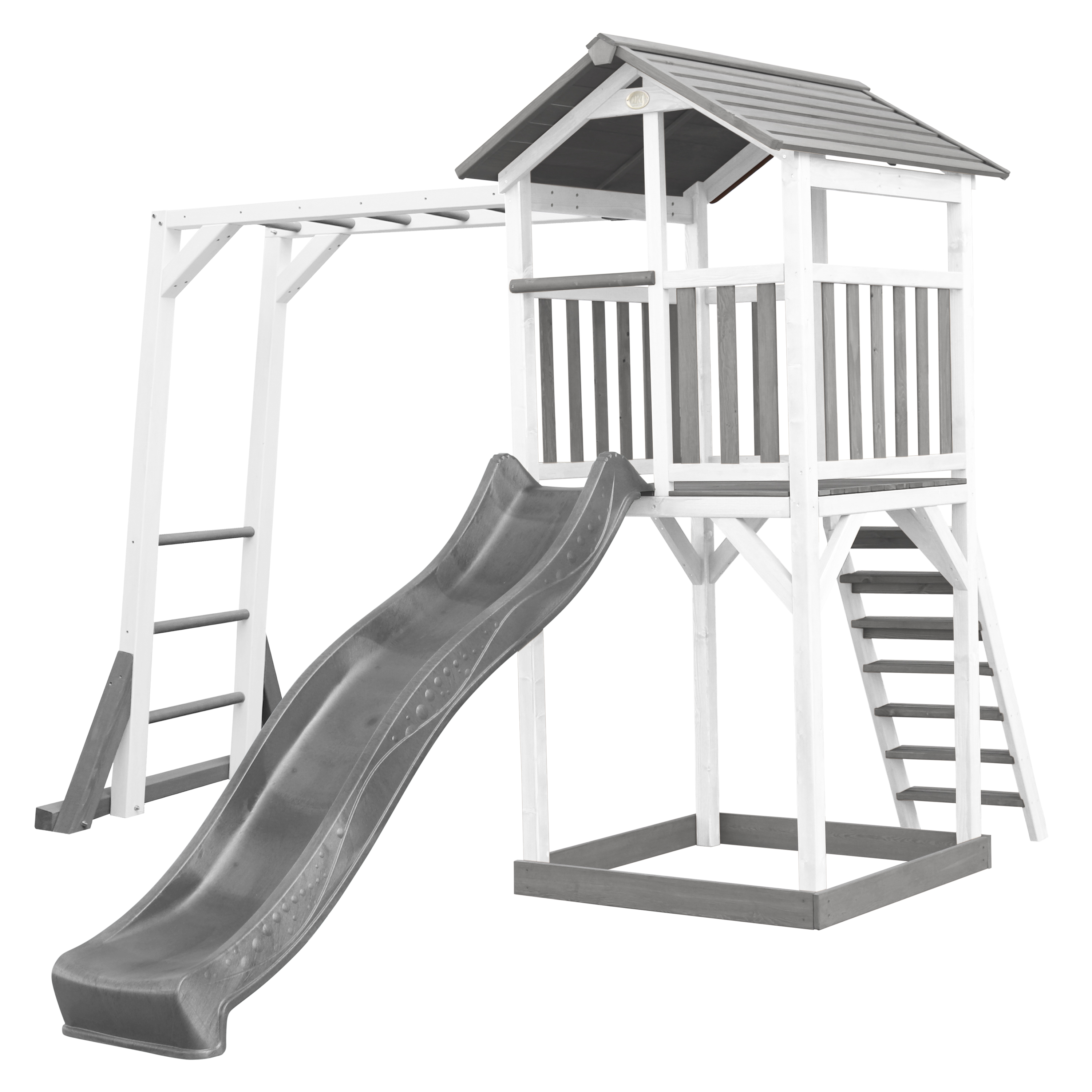 Aire de jeux en bois blanc avec échelle de singe et toboggan gris Aire de jeux en bois blanc avec échelle de singe et toboggan gris