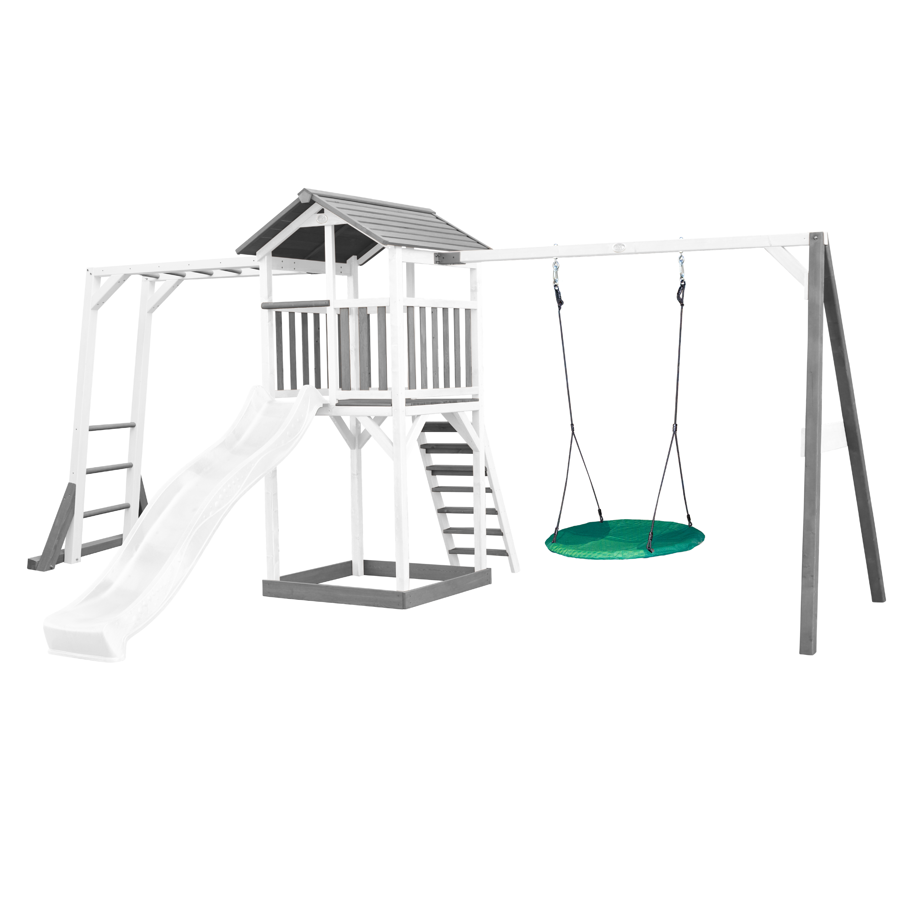 Aire de jeux en bois échelle de singe 1 balançoire nid toboggan blanc Aire de jeux en bois échelle de singe 1 balançoire nid toboggan blanc