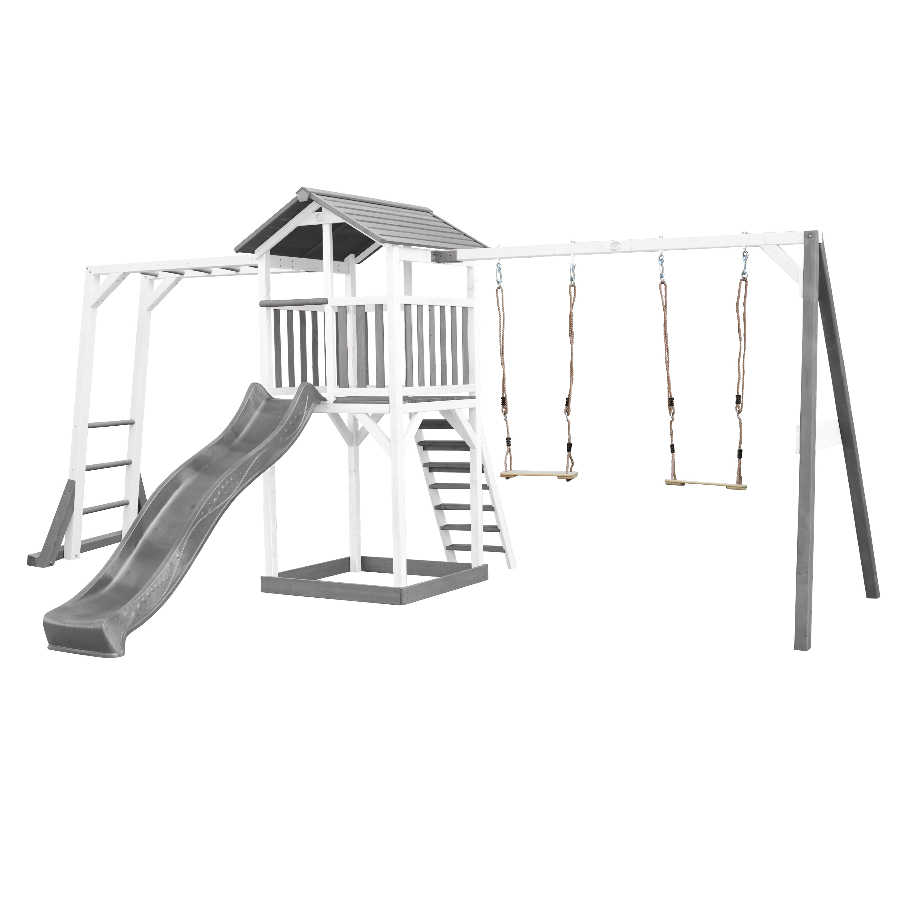 Aire de jeux en bois 2 balançoire échelle de singe et toboggan gris Aire de jeux en bois 2 balançoire échelle de singe et toboggan gris