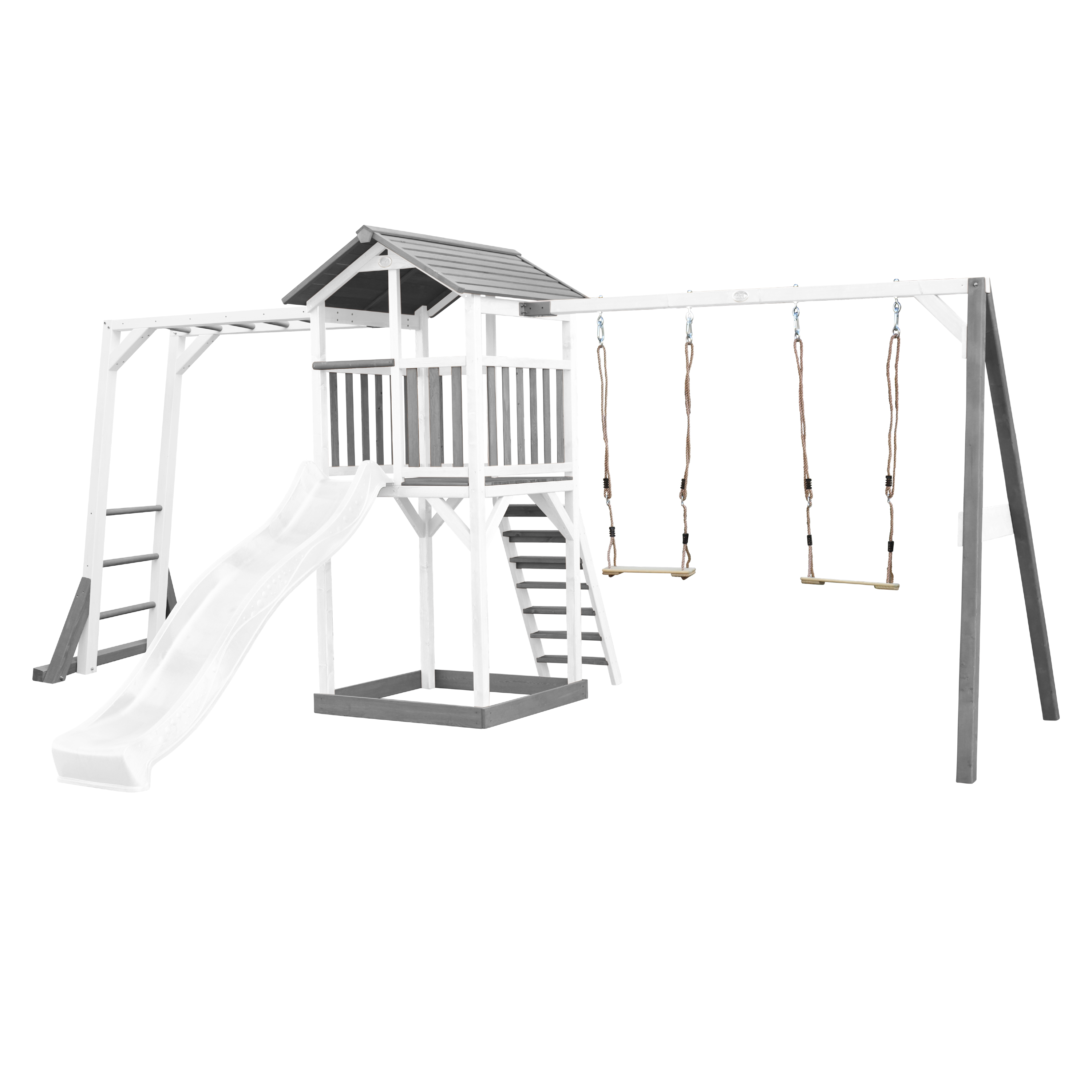 Aire de jeux bois 2 balançoires échelle de singe et toboggan blanc Aire de jeux bois 2 balançoires échelle de singe et toboggan blanc