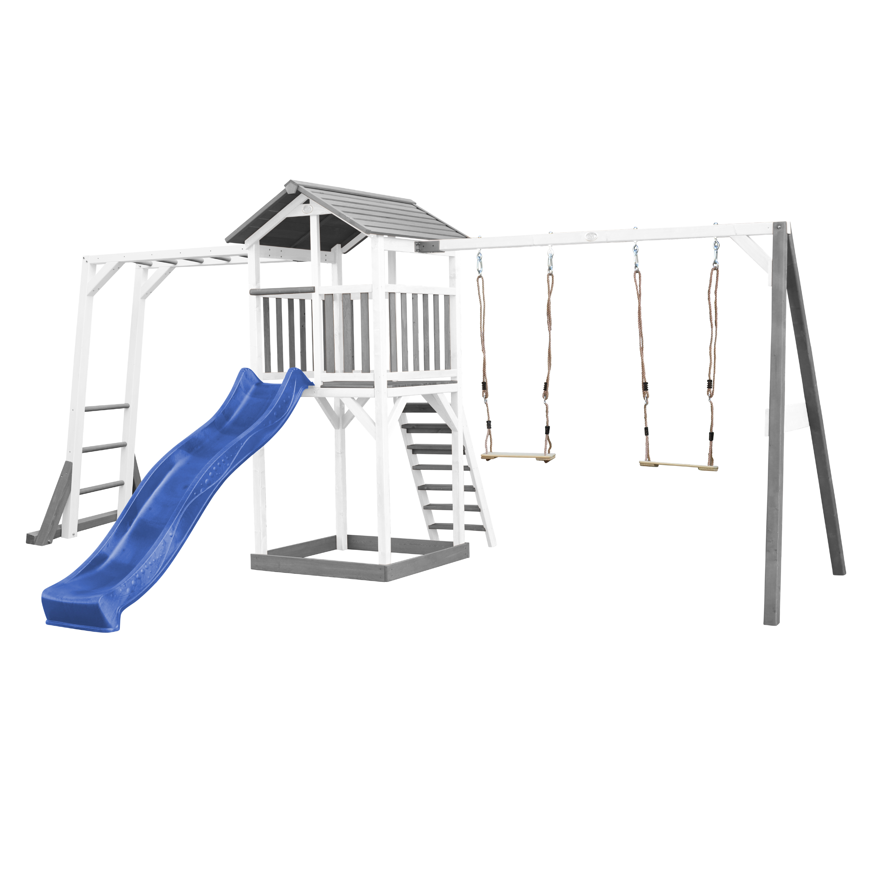 Aire de jeux bois 2 balançoires échelle de singe et toboggan bleu Aire de jeux bois 2 balançoires échelle de singe et toboggan bleu