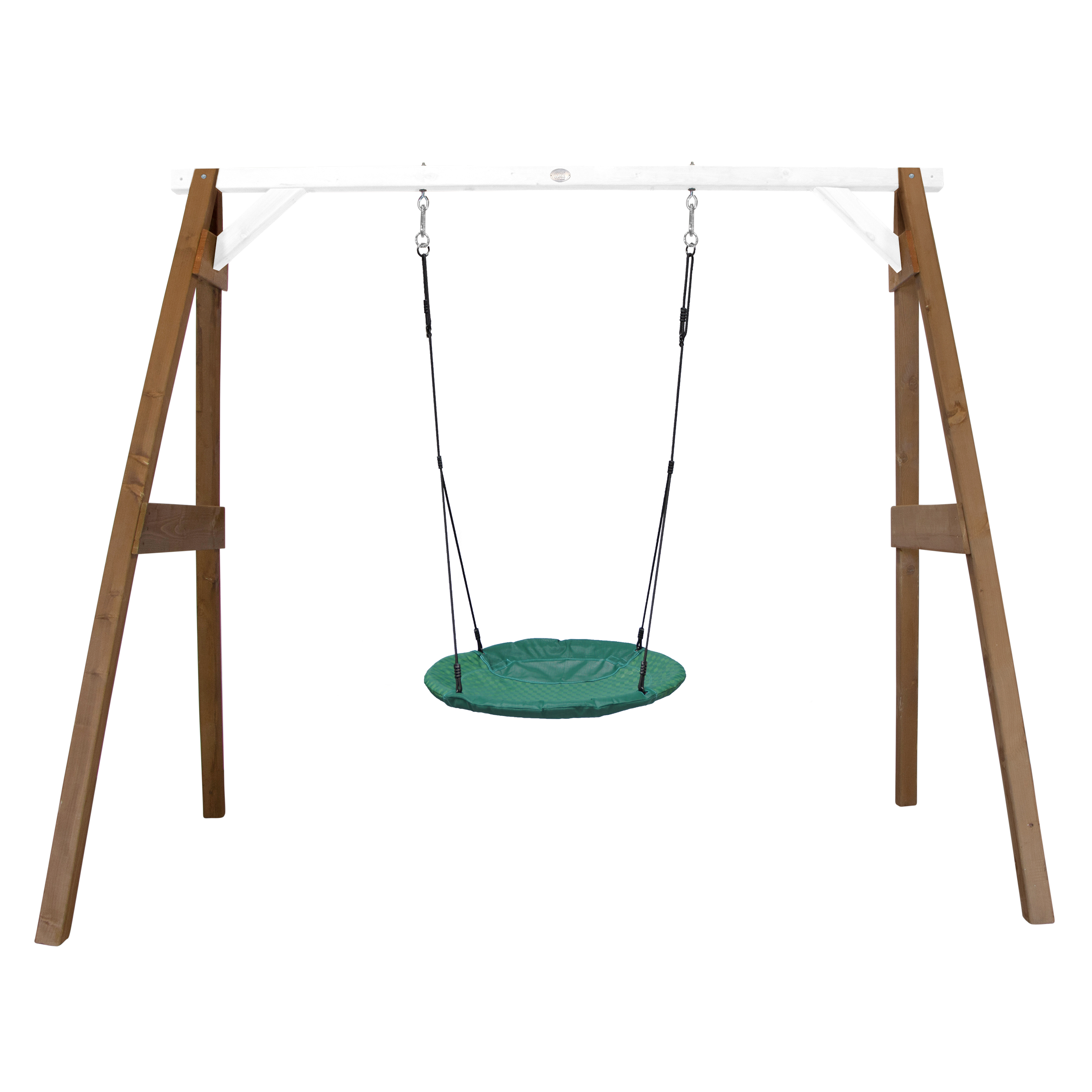 Portique en bois marron et blanc avec balançoire siège nid rond Portique en bois marron et blanc avec balançoire siège nid rond
