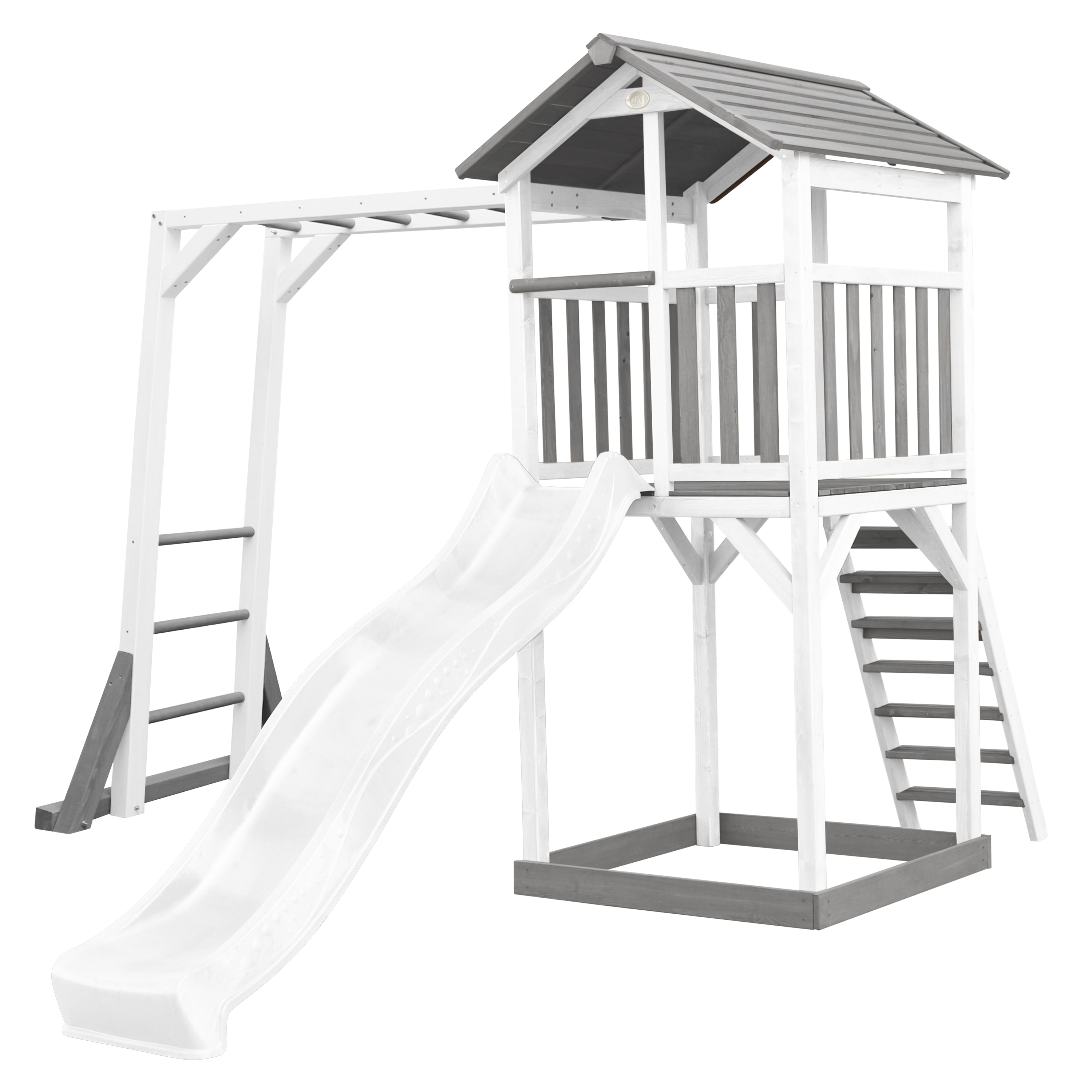 Aire de jeux en bois blanc avec échelle de singe et toboggan blanc Aire de jeux en bois blanc avec échelle de singe et toboggan blanc