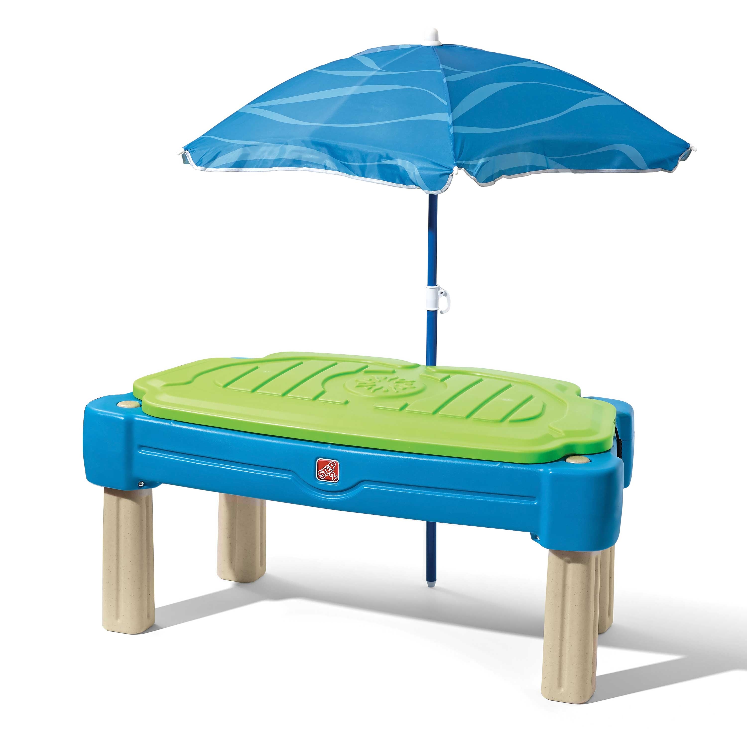 Table sable et eau cascade avec parasol bleu Table sable et eau cascade avec parasol bleu