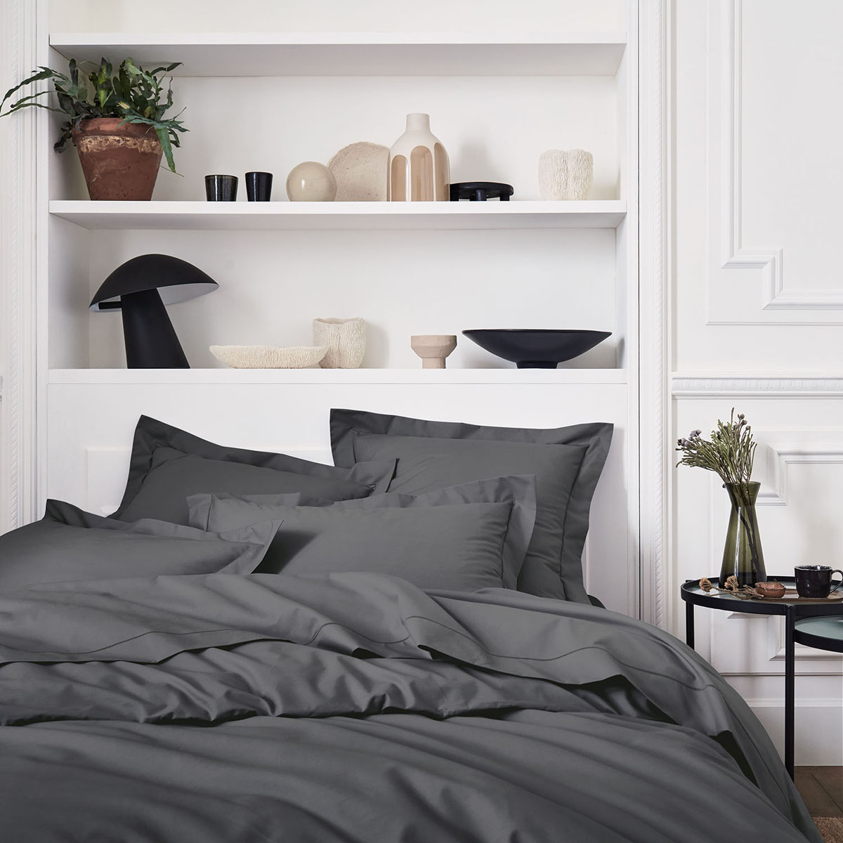 Housse de couette unie en percale de coton gris 260x240 Housse de couette unie en percale de coton gris 260x240