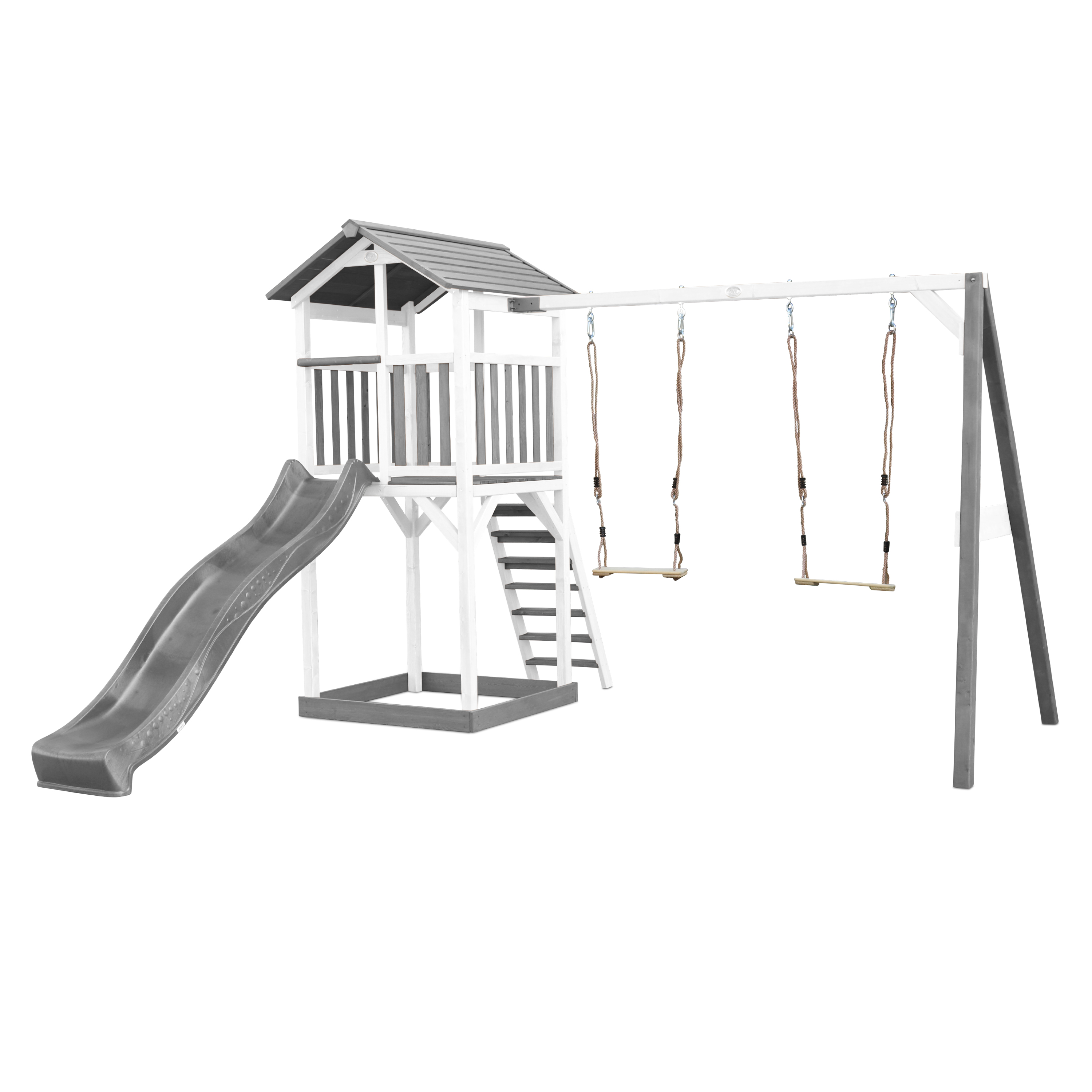 Aire de jeux en bois blanc avec 2 balançoires et toboggan gris Aire de jeux en bois blanc avec 2 balançoires et toboggan gris