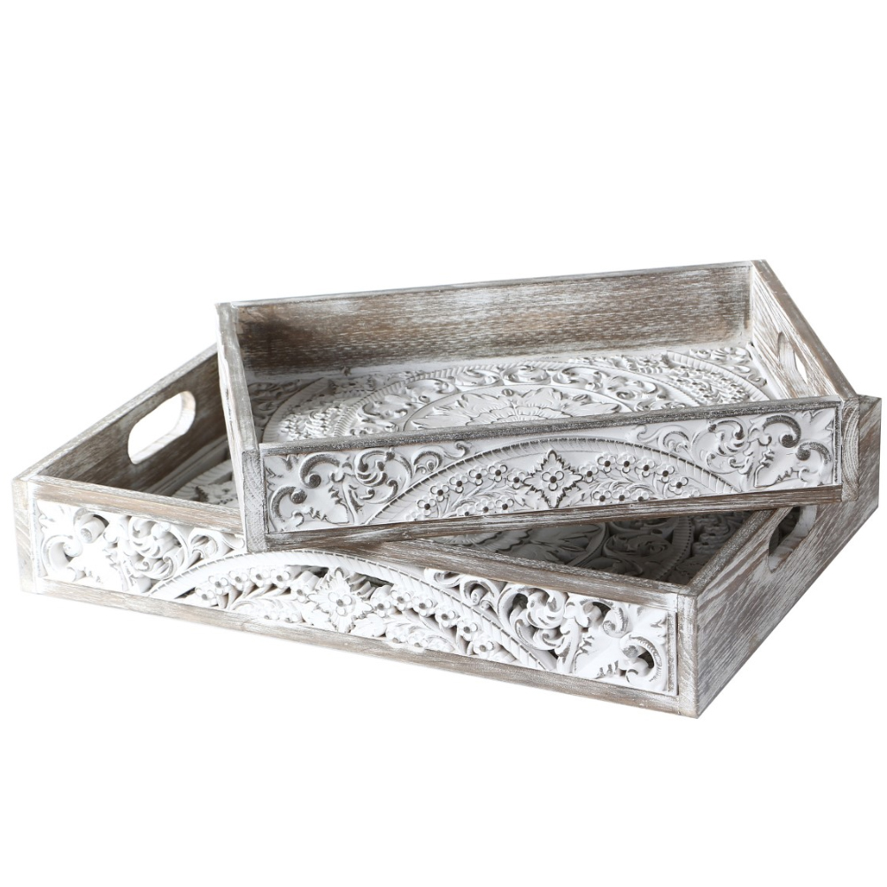 Plateaux en bois patiné blanc - Lot de 2