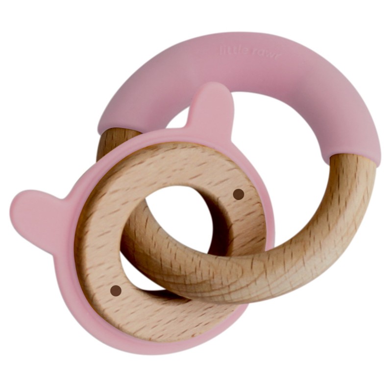 Double anneau de dentition en bois et silicone rose bébé Double anneau de dentition en bois et silicone rose bébé