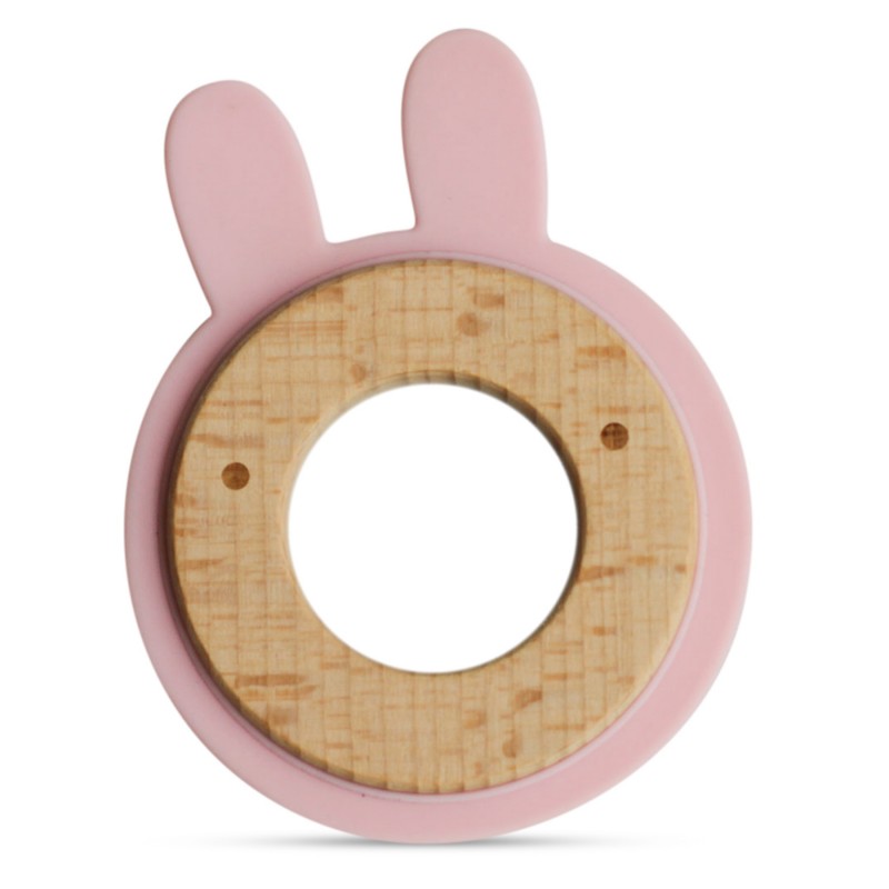 Anneau de dentition en bois et silicone rose bébé Anneau de dentition en bois et silicone rose bébé