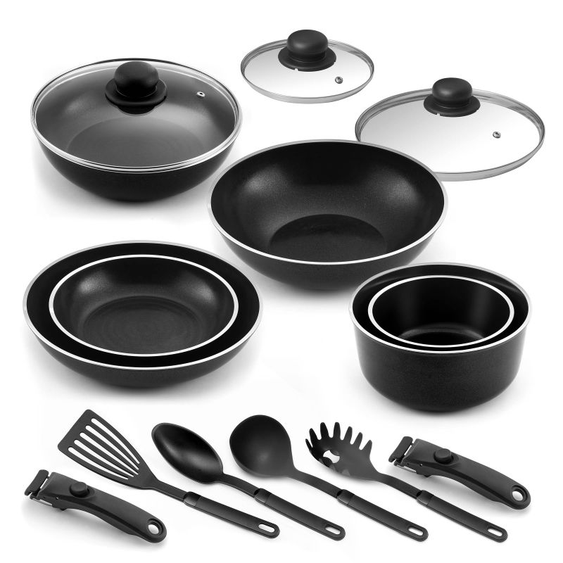 Lot 15 pièces - 2 Poêles, 2 casseroles, 1 sauteuse, 1 wok, 3 couvercl Lot 15 pièces - 2 Poêles, 2 casseroles, 1 sauteuse, 1 wok, 3 couvercl