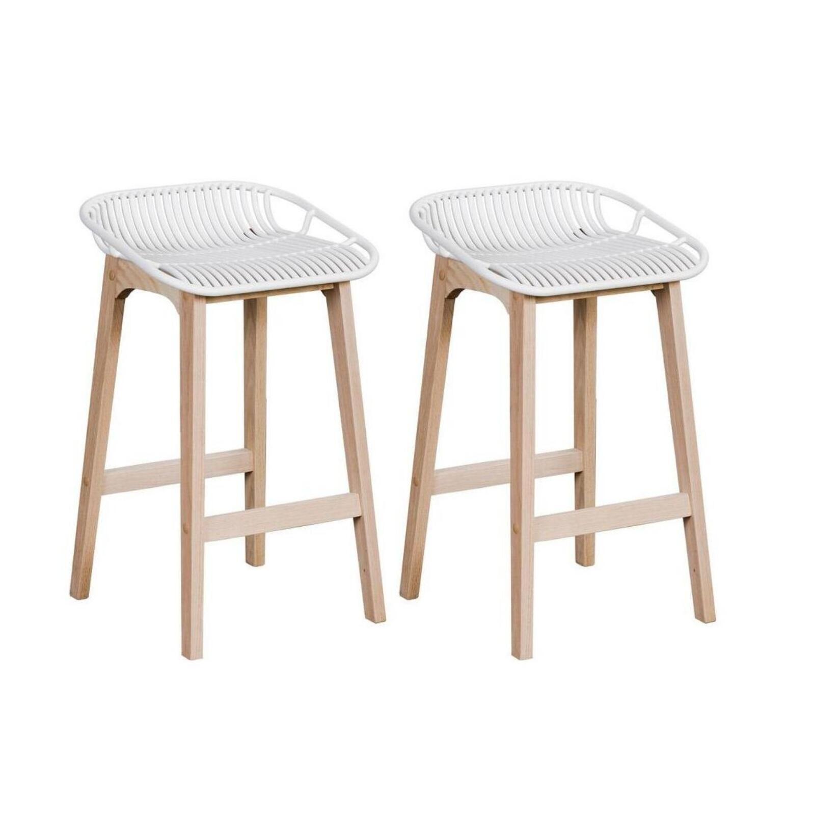 Tabourets d&rsquo;ilot 65 cm  pieds chêne assise plastique blanche -Lot de 2